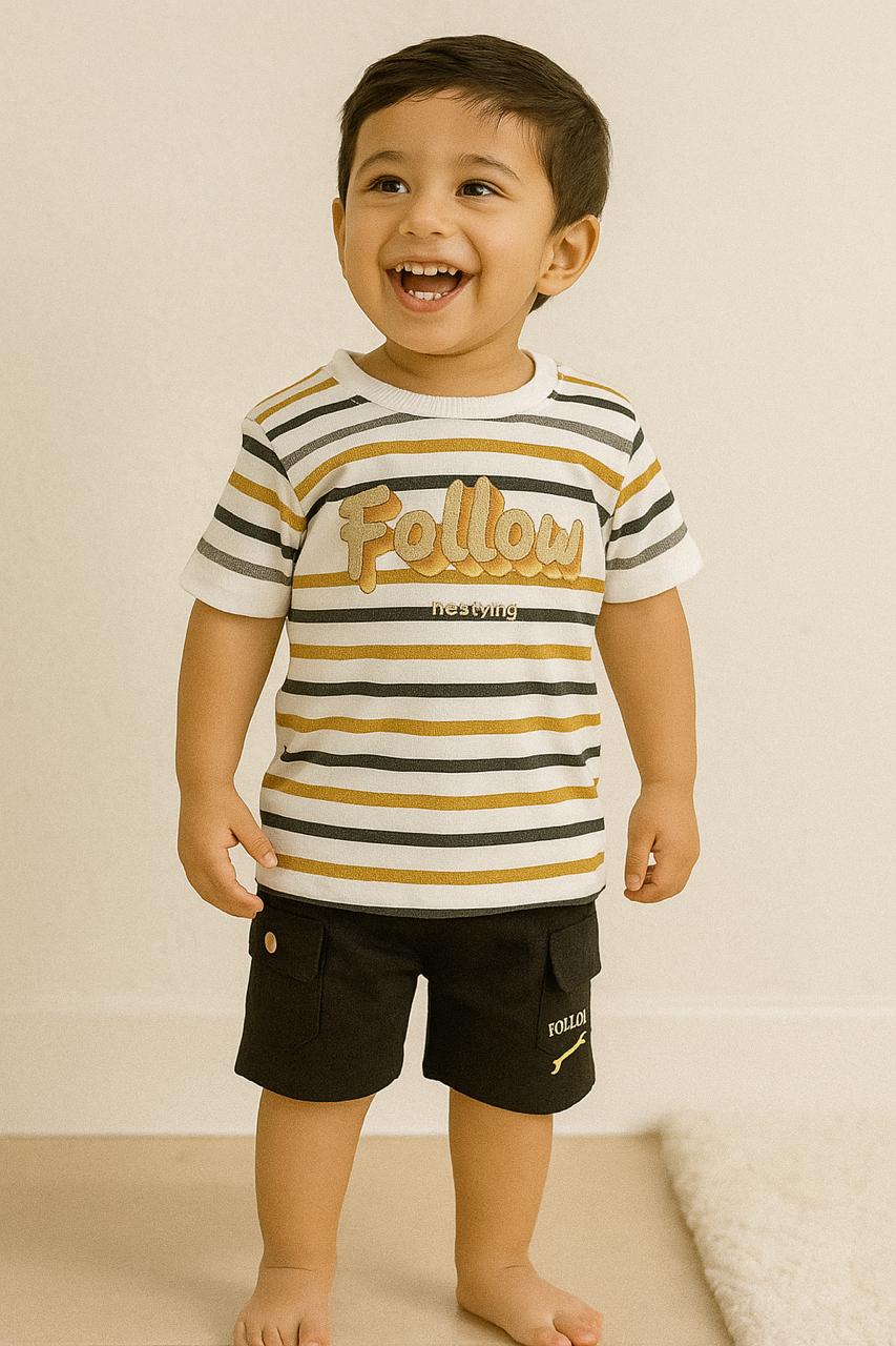 Follow Stripe T-Shirt & Pocket Shorts Co-ord Set for Baby Boys - My Little Co.