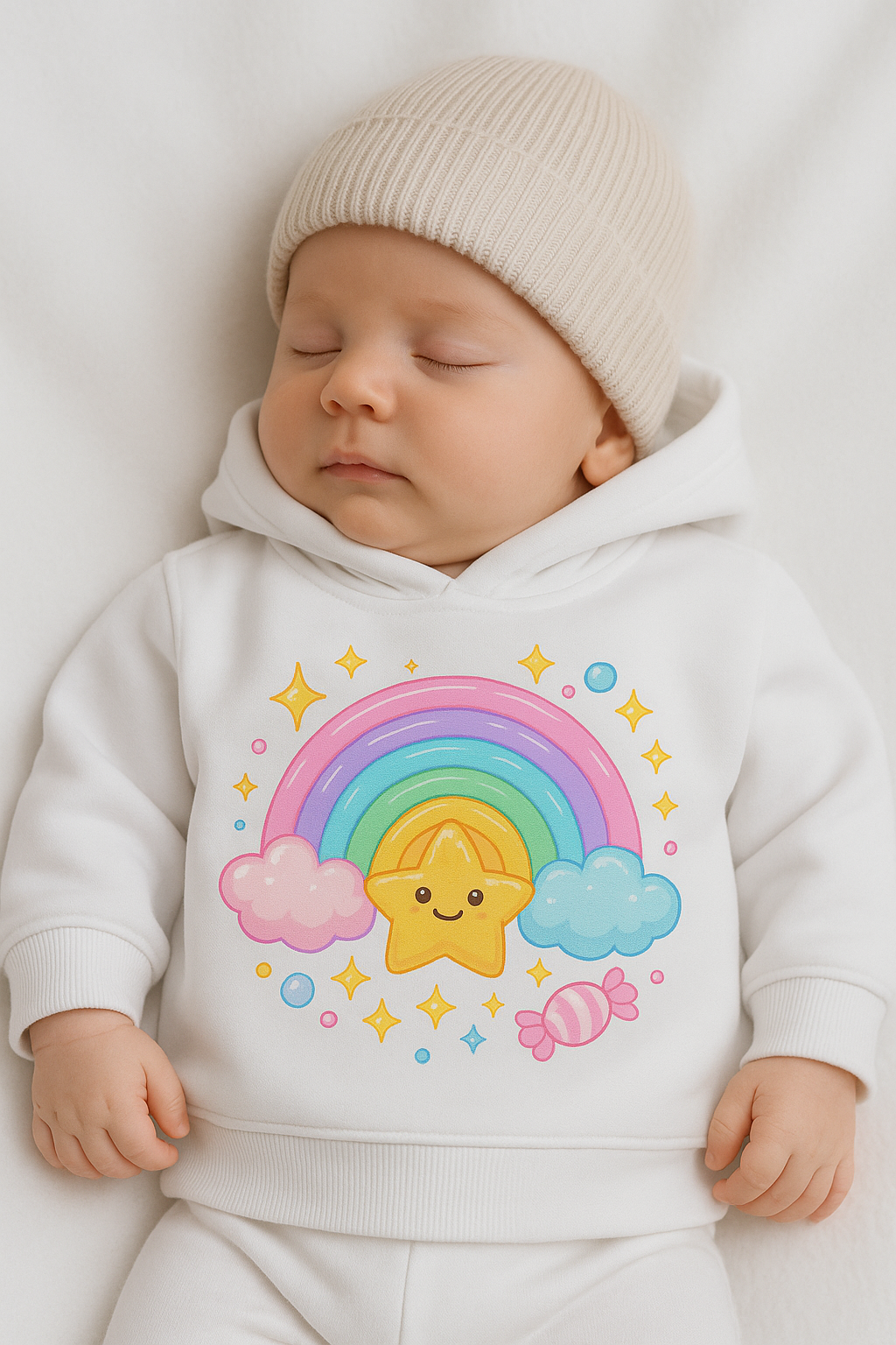 Baby wearing a white hoodie with a colorful rainbow and star design.
