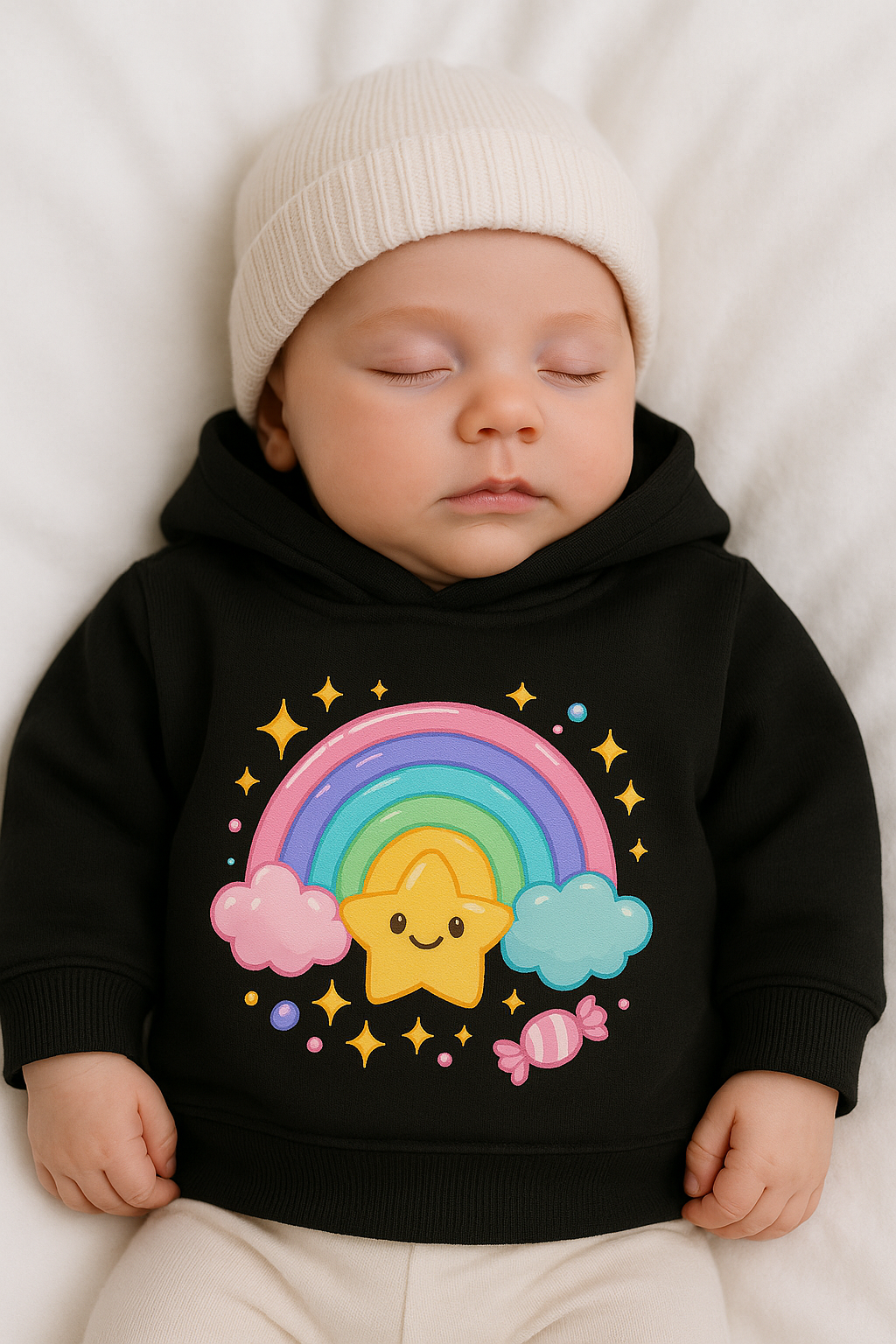 black baby hoodie with rainbow star print