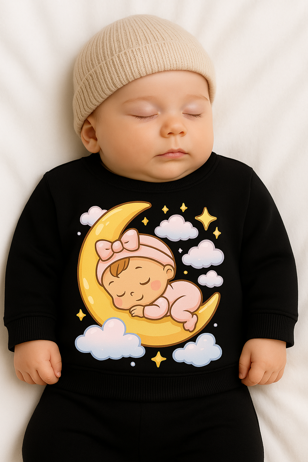 black baby sweatshirt sleeping moon print organic fleece my little co