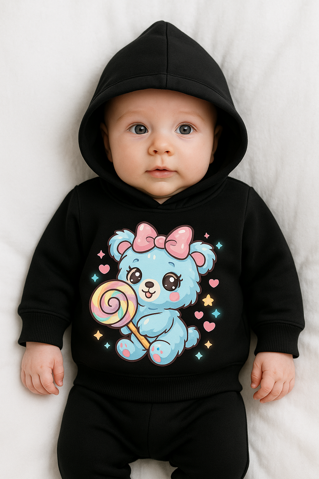 black kids hoodie with cute bear and lollipop design