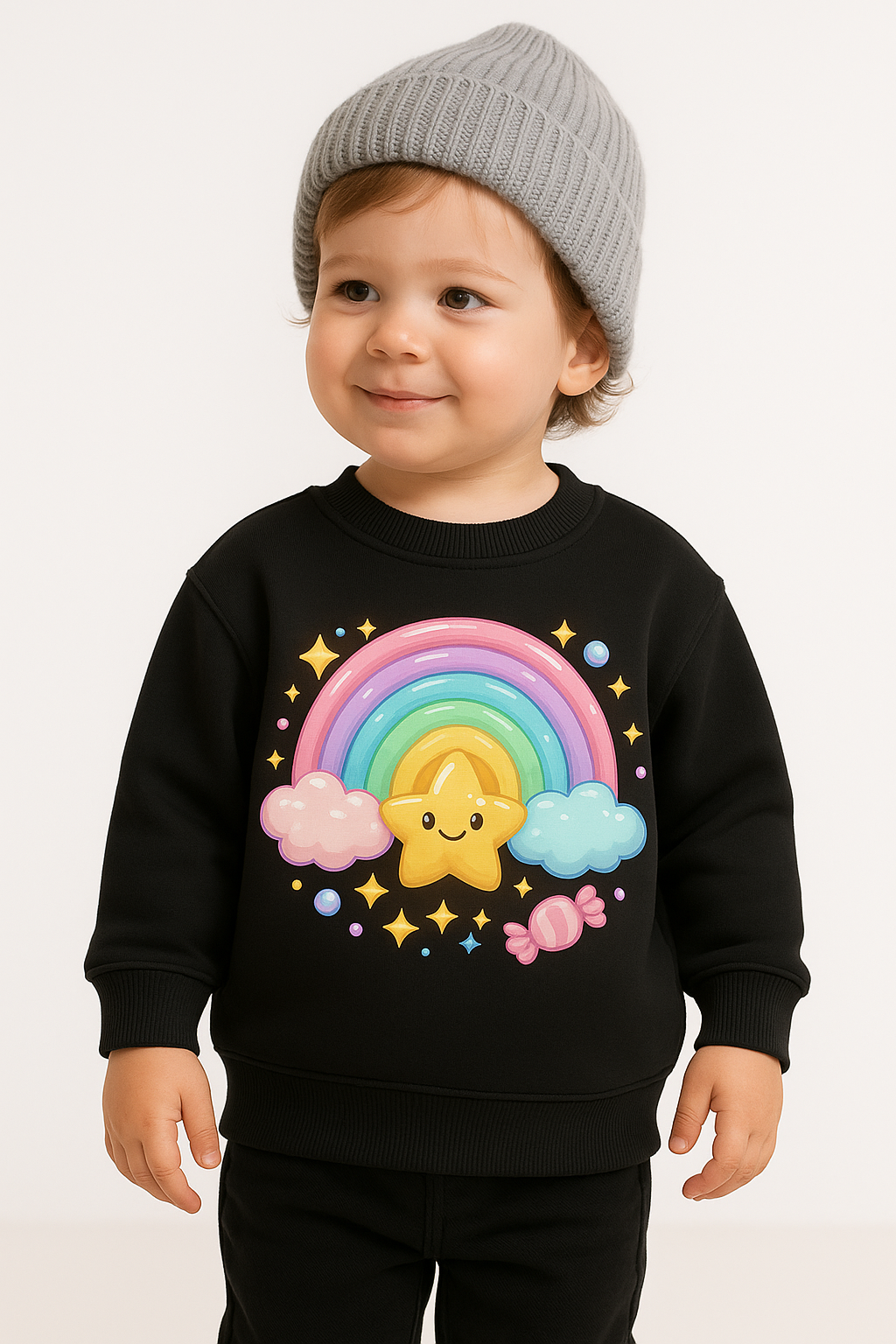 black kids sweatshirt with rainbow star print