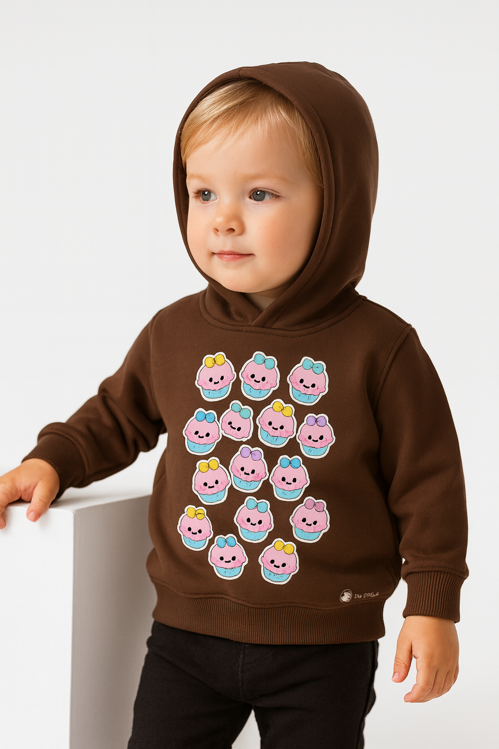 brown kids hoodie cupcake joy print organic brushed fleece my little co