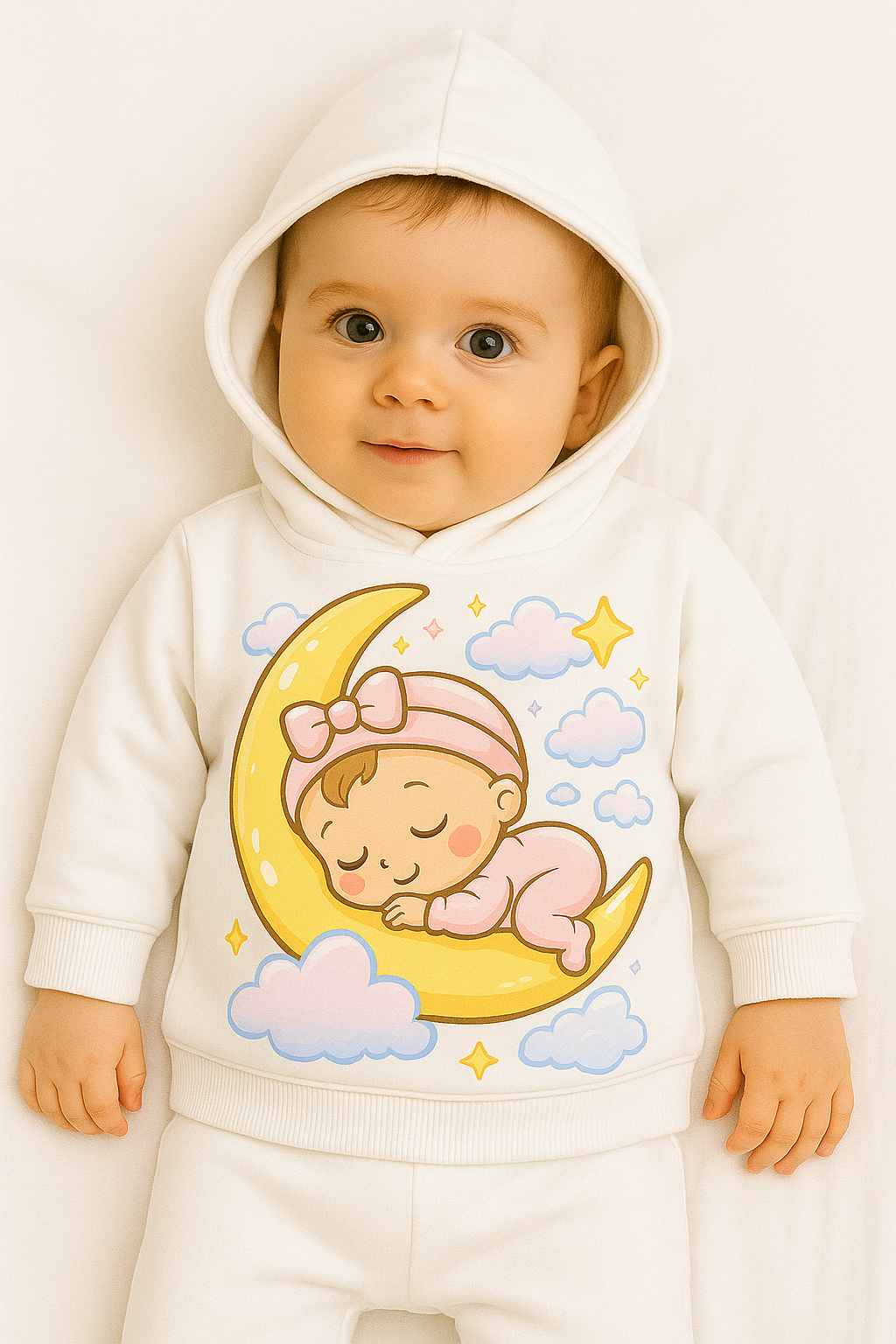 White Baby Hoodie – Sleeping Moon DTF Print in Cotton Fleece My Little Co.