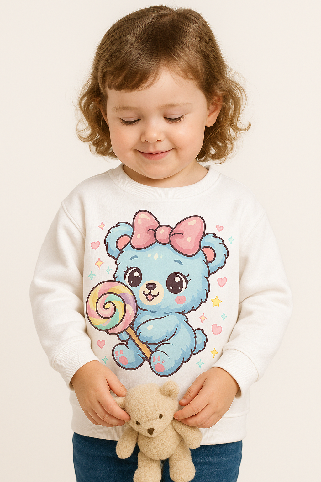 My Little Co. white kids sweatshirt – DTF printed Lollipop Bear