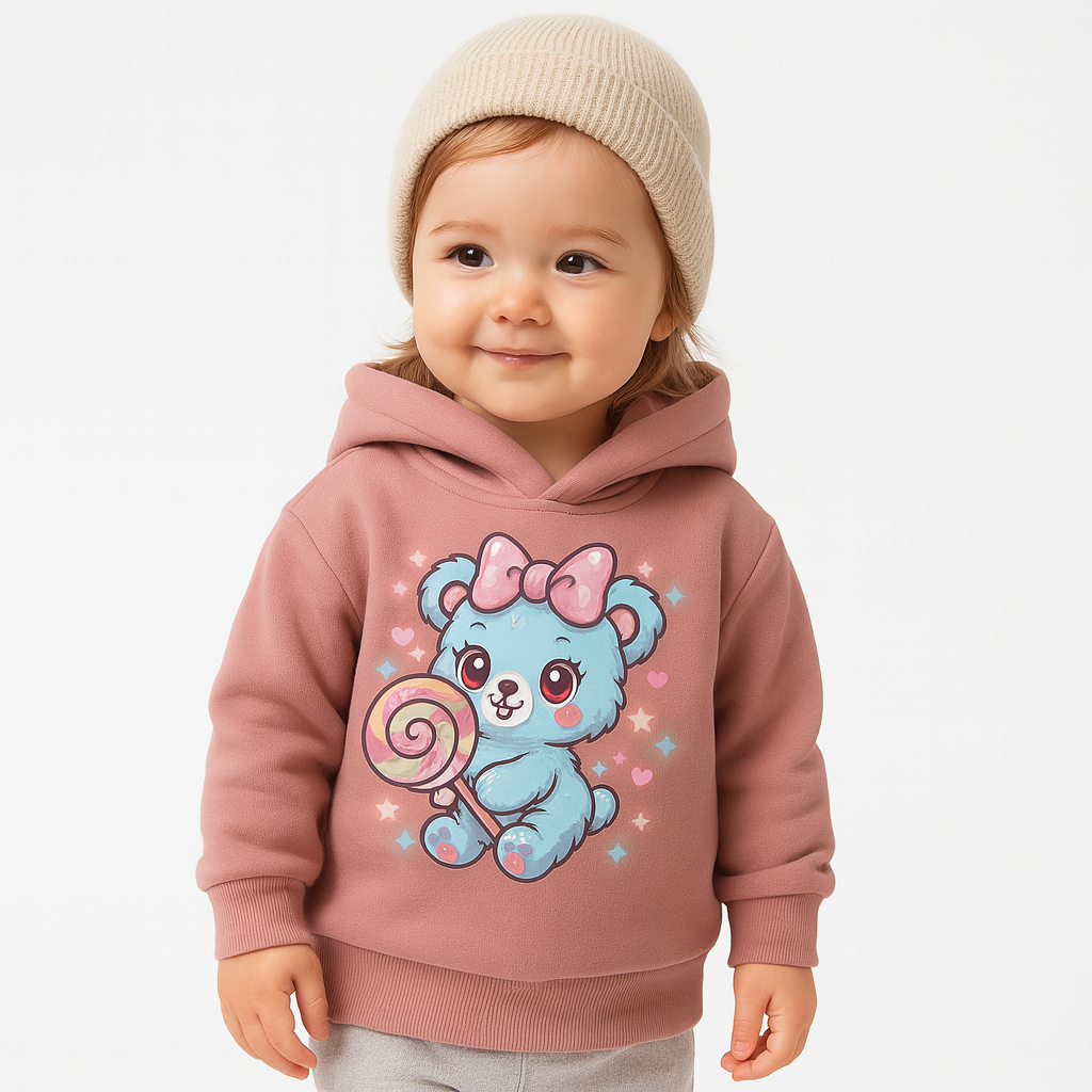 caramel beige kids hoodie with bear DTF print
