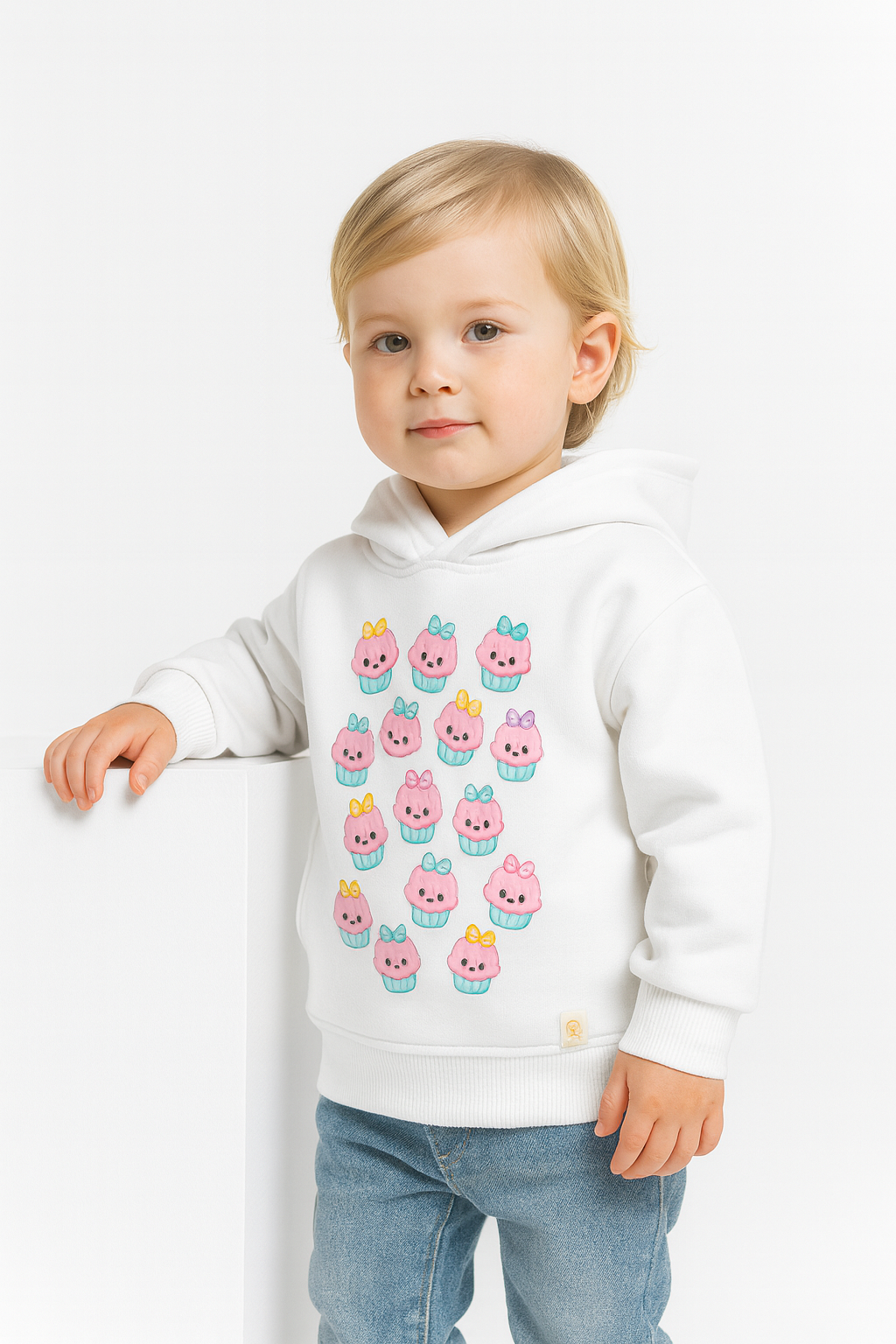 Child wearing a white hoodie with colorful graphics on a white background