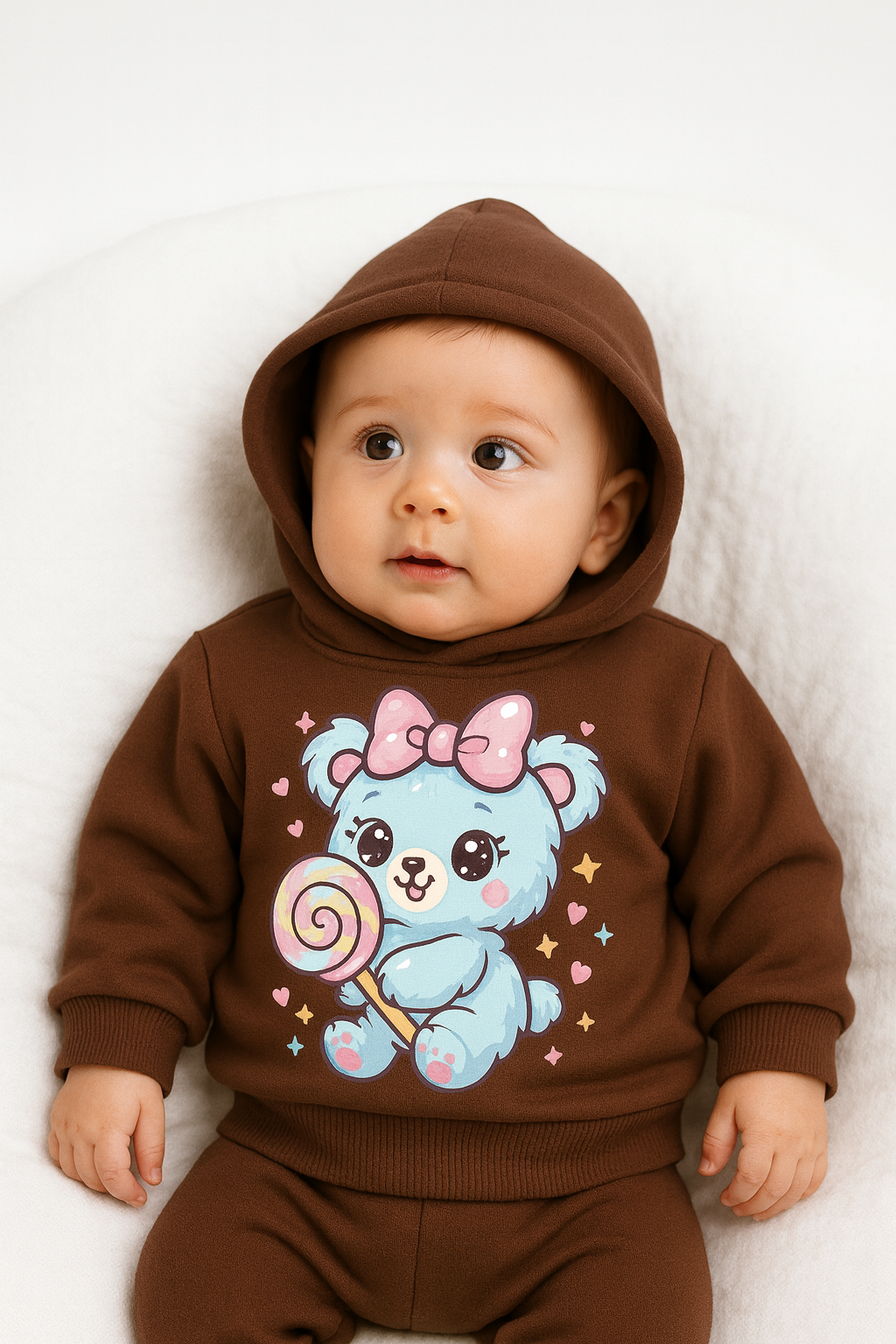 coffee brown kids hoodie with bear DTF print