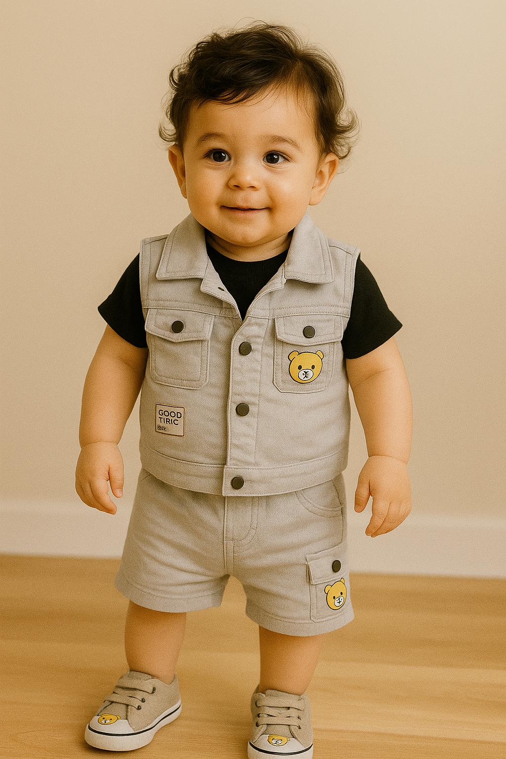 Cute Bear Patch Denim Look Co-Ord Set for Boys – 3-Piece Casual Outfit - My Little Co.