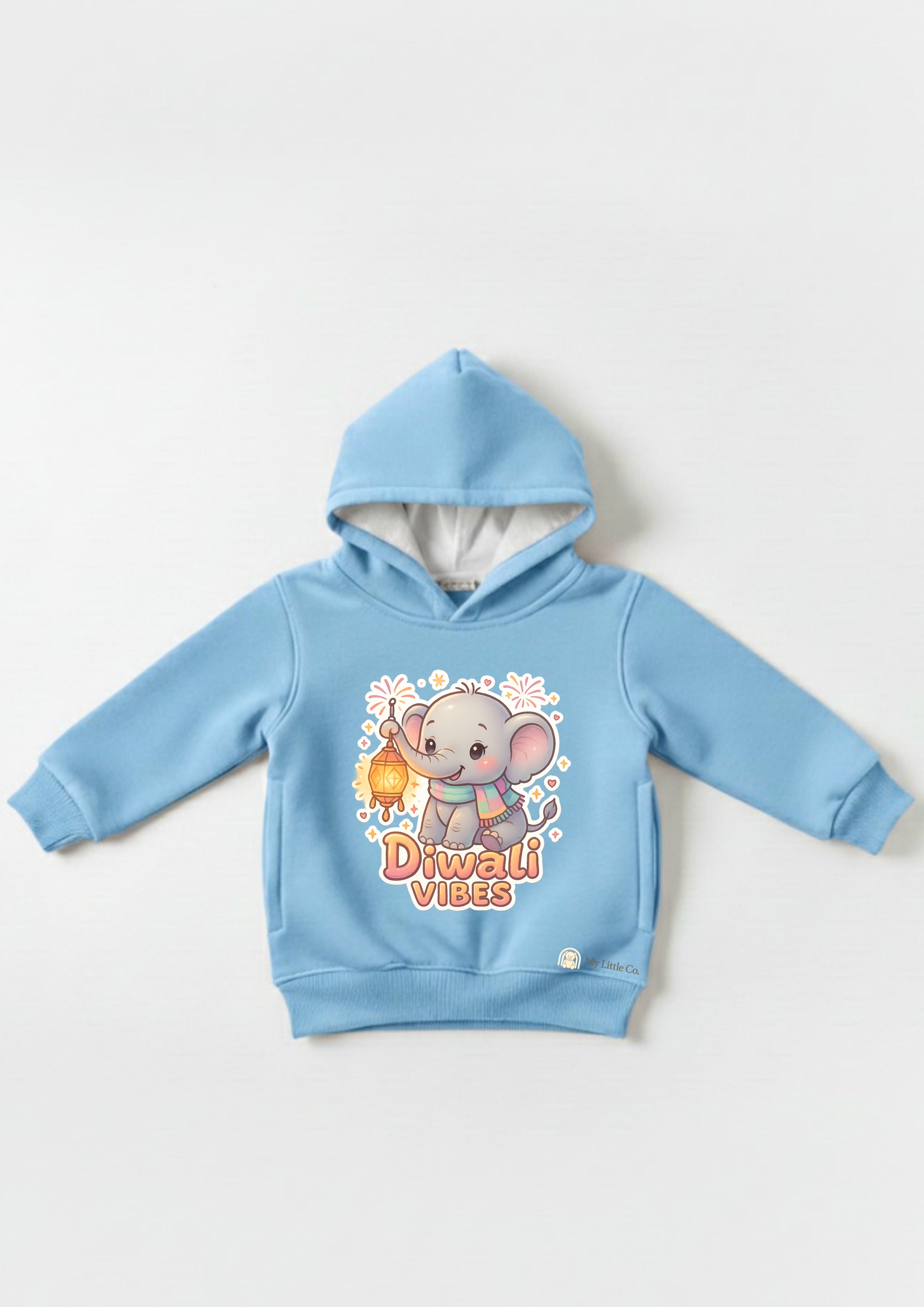 Unique Joy! Sky Blue Elephant Diwali Vibes Hoodie - My little co (0-6 Yrs) My Little Co.
