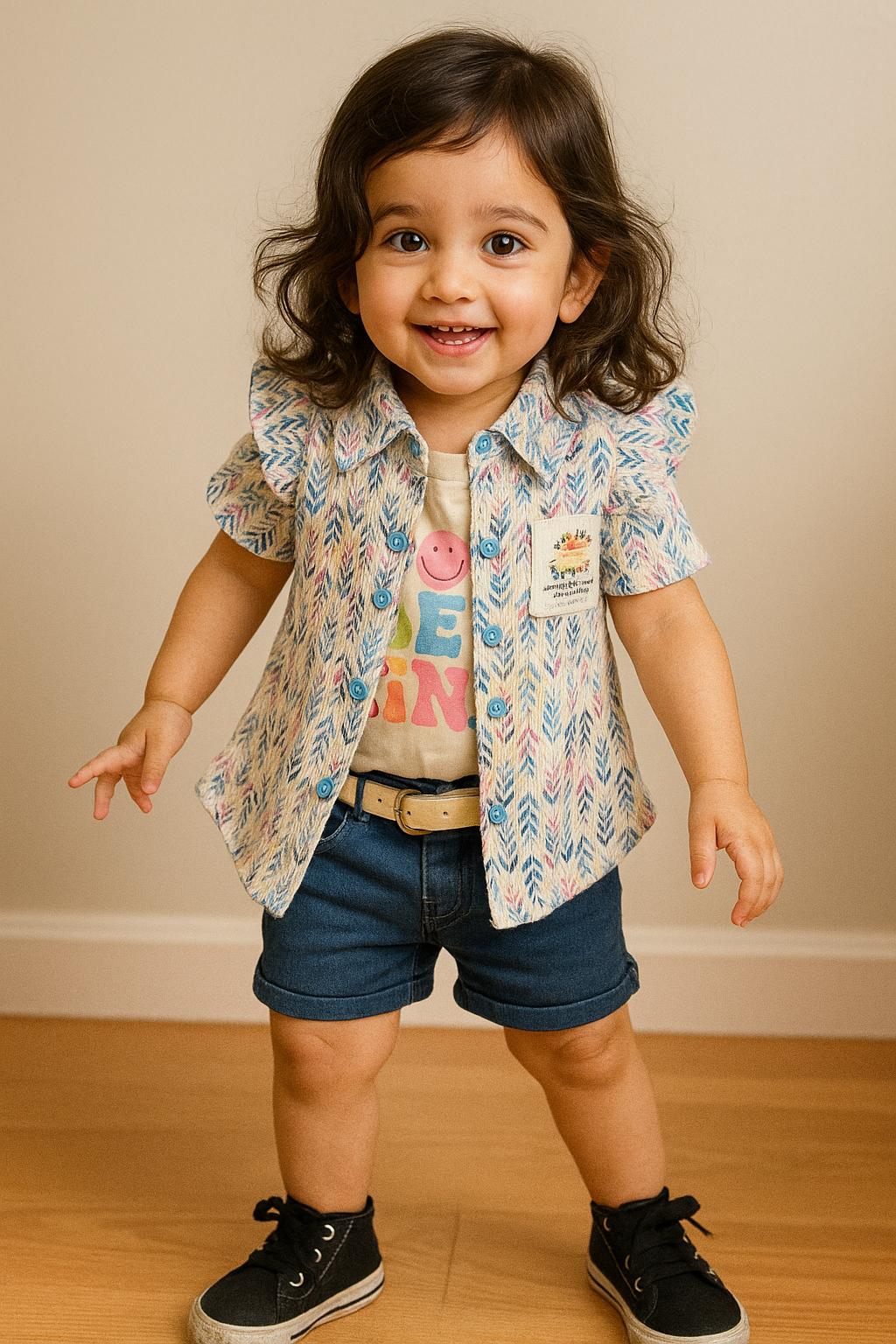 "Be Kind" Summer Shirt & Denim Shorts Set for Girls – 3-Piece Casual Outfit - My Little Co.