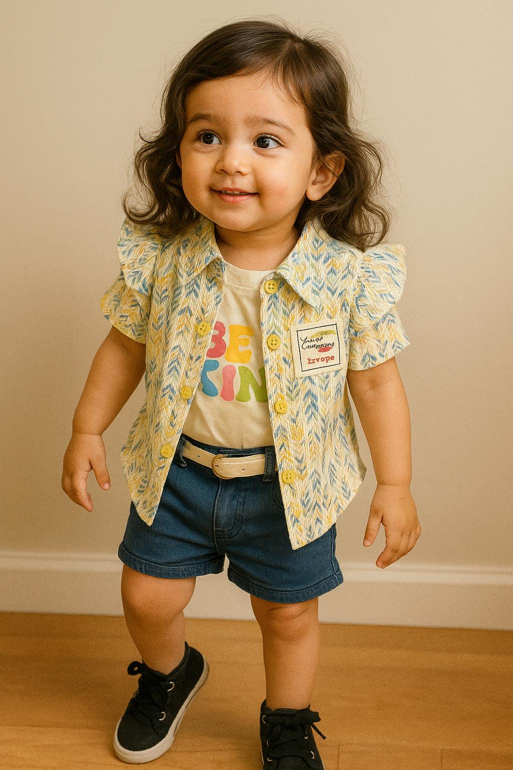 "Be Kind" Summer Shirt & Denim Shorts Set for Girls – 3-Piece Casual Outfit - My Little Co.