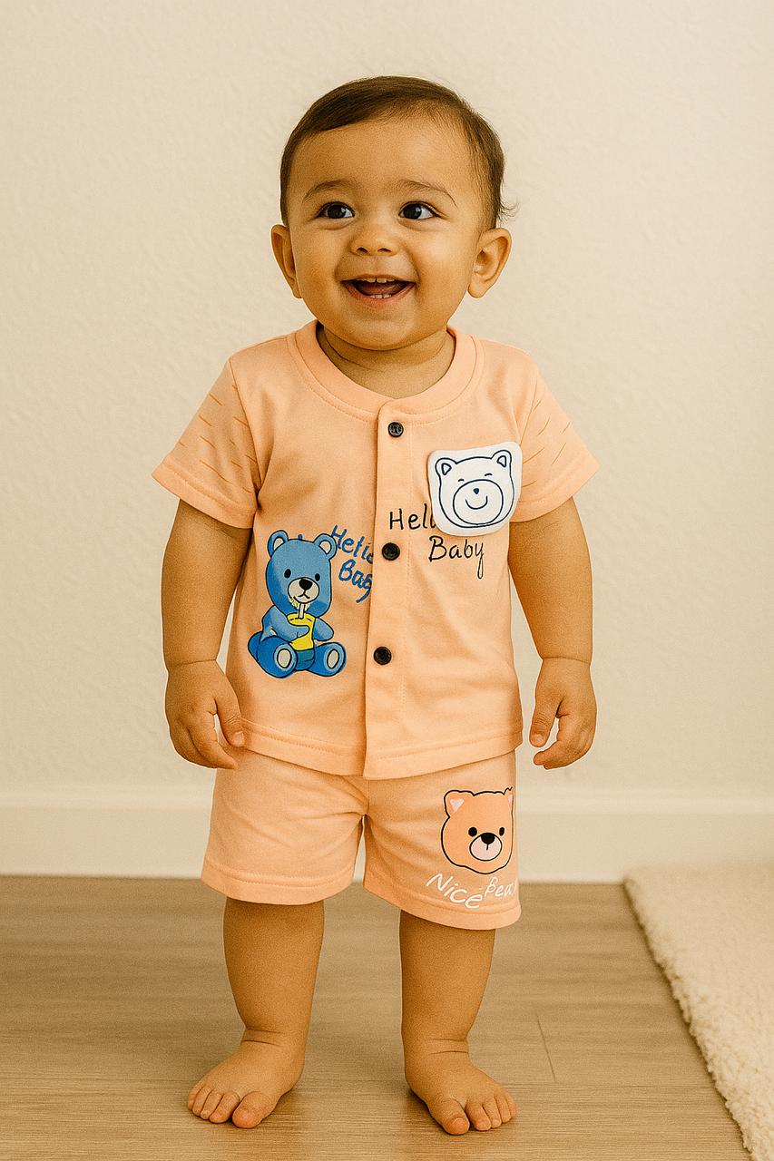 Hello Baby Bear Button-Front T-Shirt & Shorts Co-ord Set for Baby Boys - My Little Co.