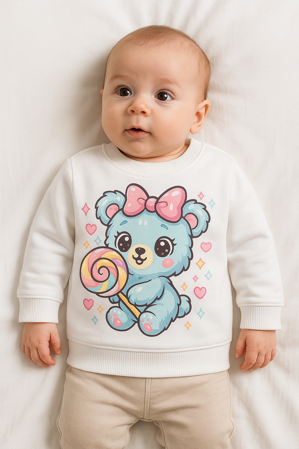 My Little Co. White Kids Sweatshirt | Printed Lollipop Bear Winter Wear My Little Co.