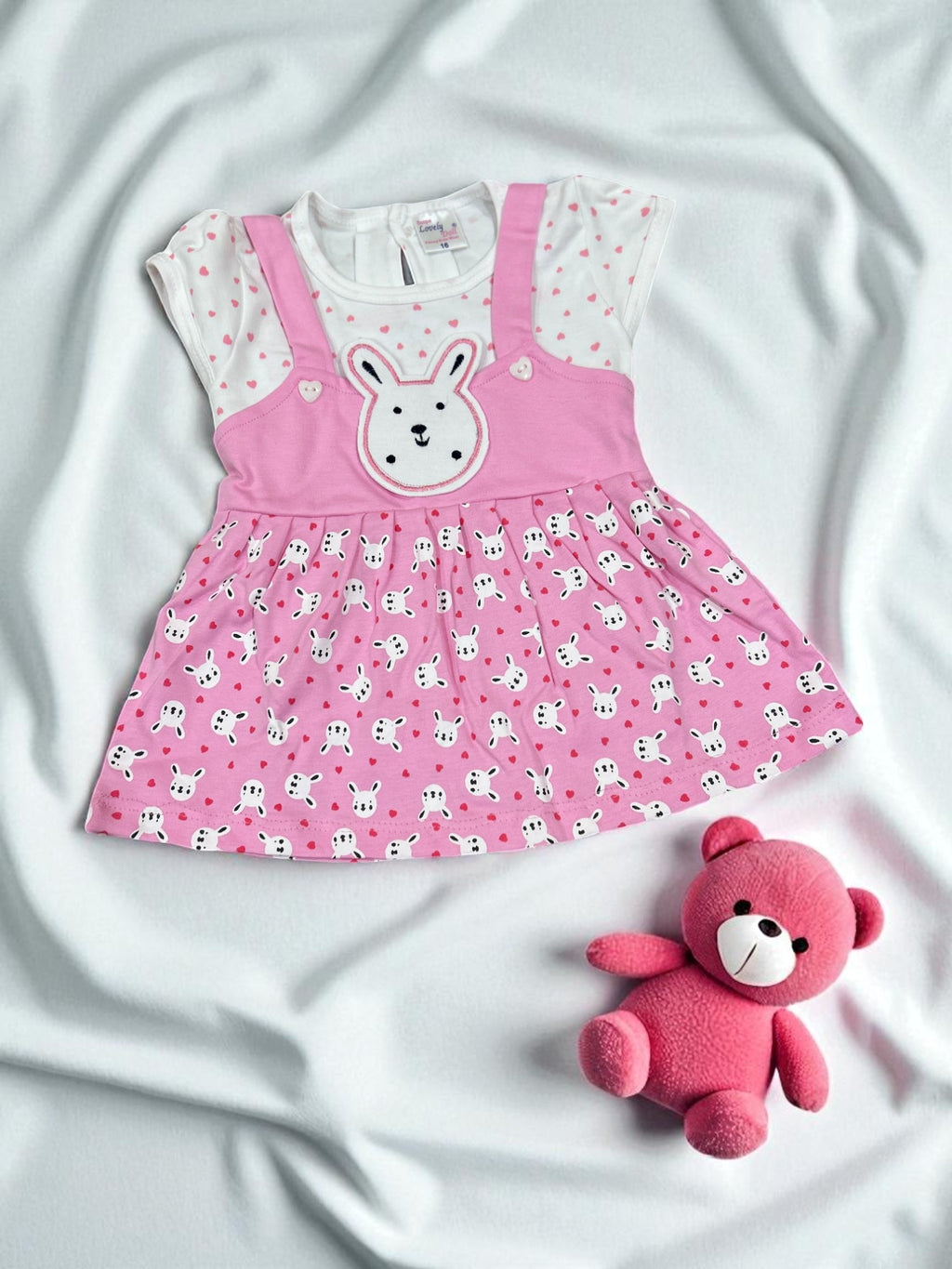 Bunny Face Dungaree Dress & Polka T-Shirt Set for Baby Girls - My Little Co.