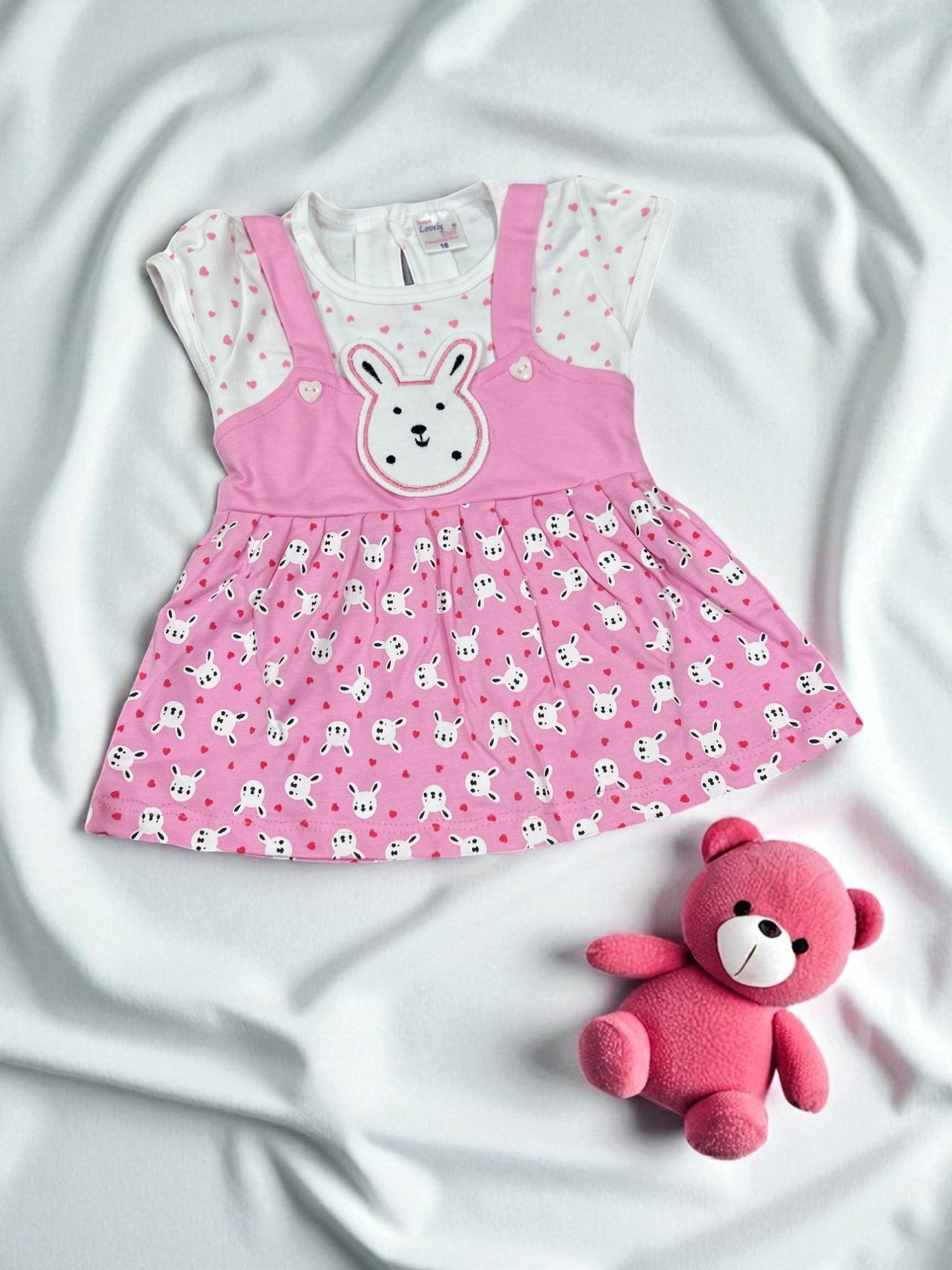 Bunny Face Dungaree Dress & Polka T-Shirt Set for Baby Girls - My Little Co.