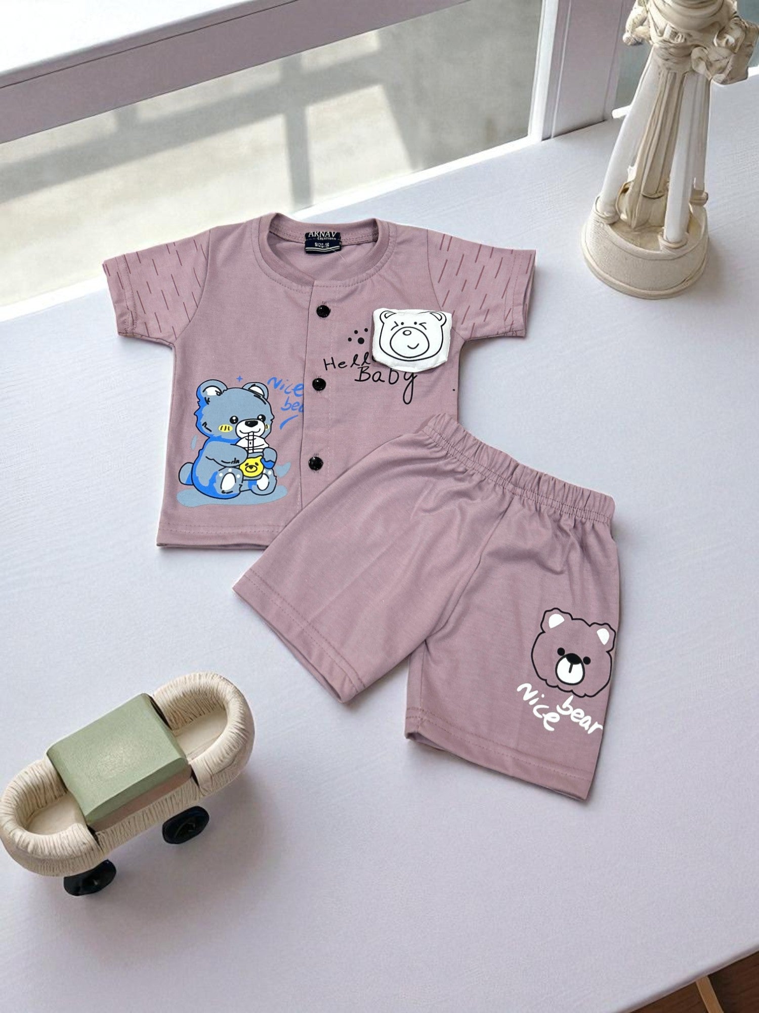 Hello Baby Bear Button-Front T-Shirt & Shorts Co-ord Set for Baby Boys - My Little Co.
