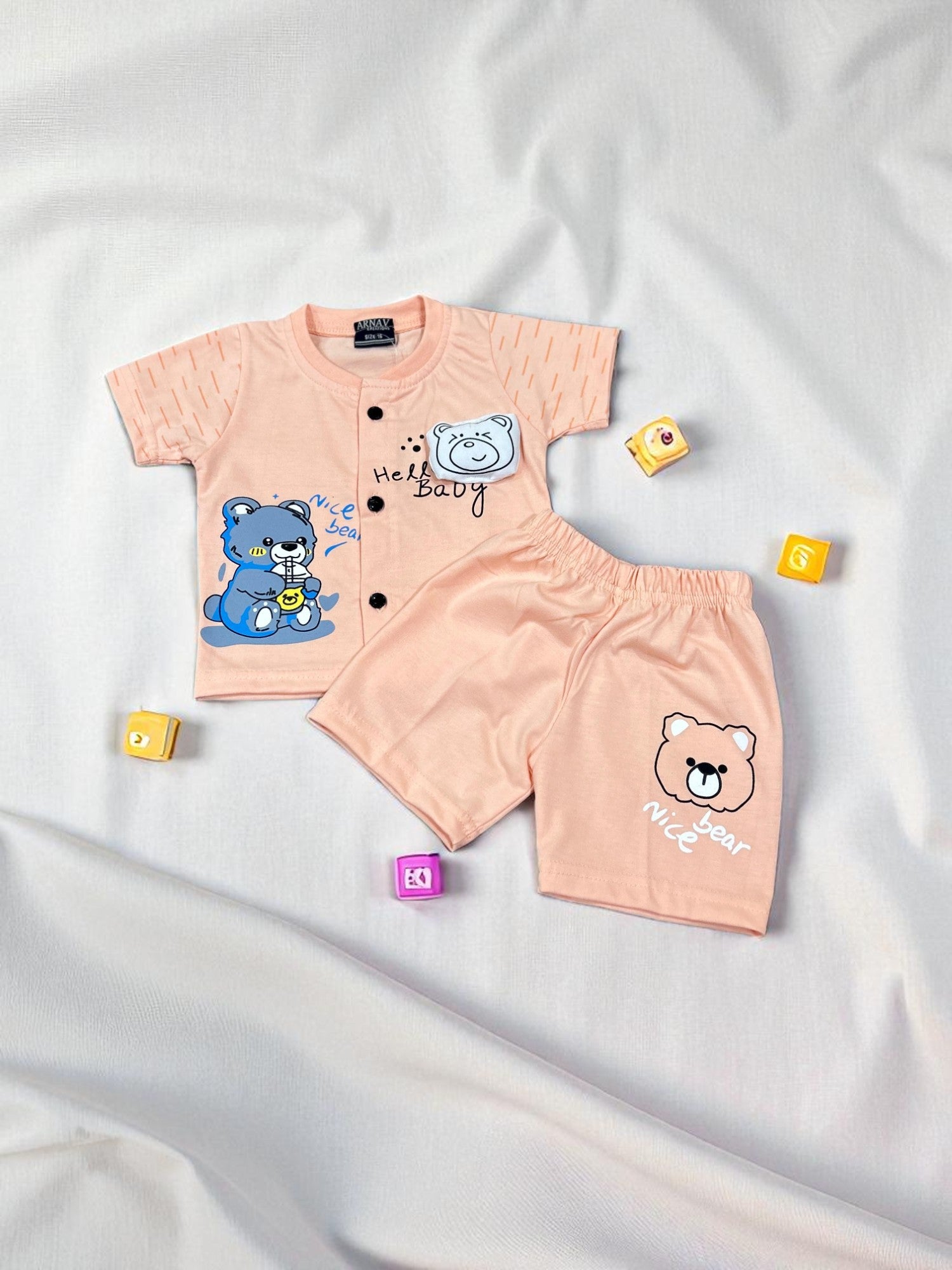 Hello Baby Bear Button-Front T-Shirt & Shorts Co-ord Set for Baby Boys - My Little Co.