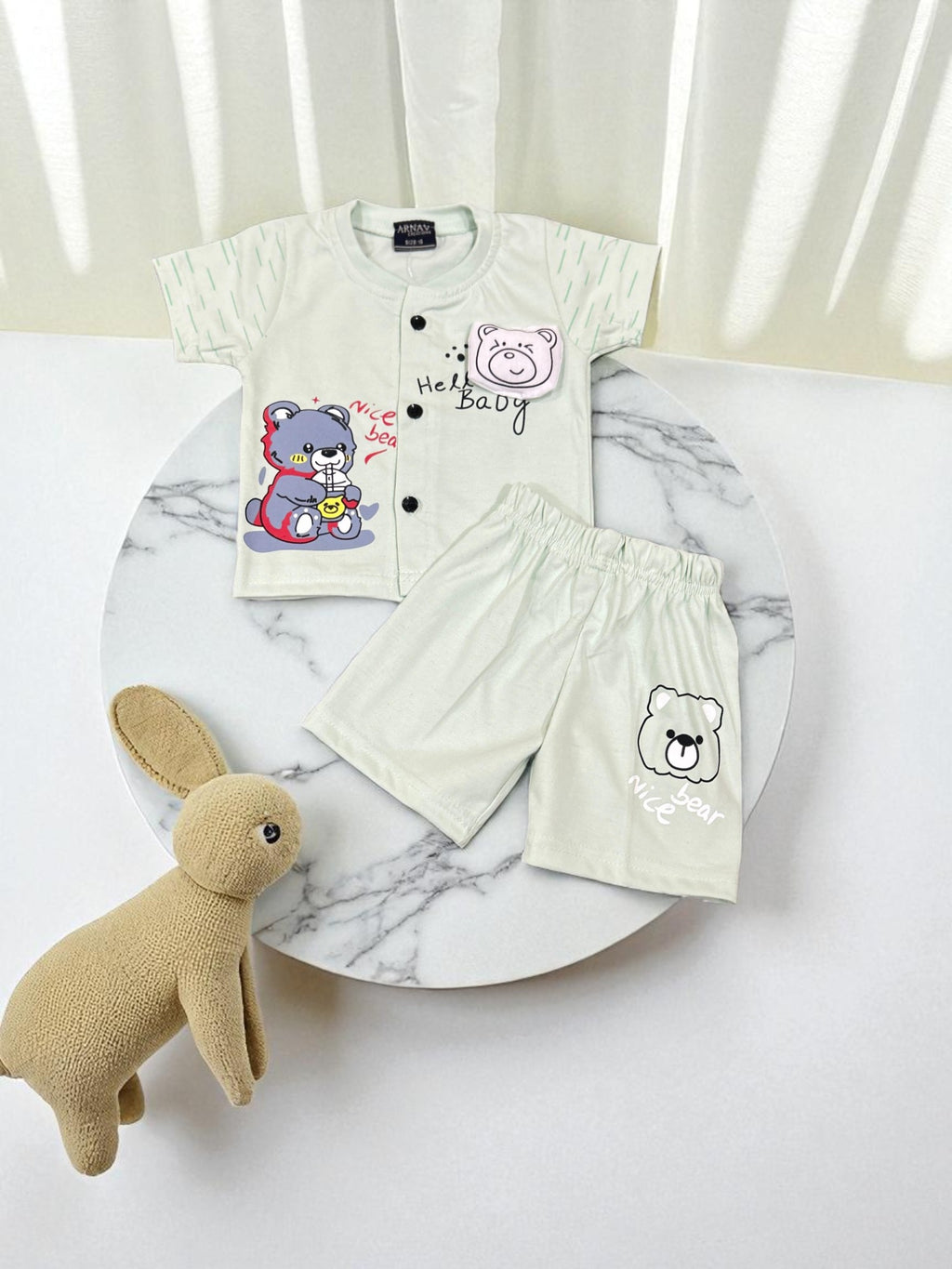 Hello Baby Bear Button-Front T-Shirt & Shorts Co-ord Set for Baby Boys - My Little Co.