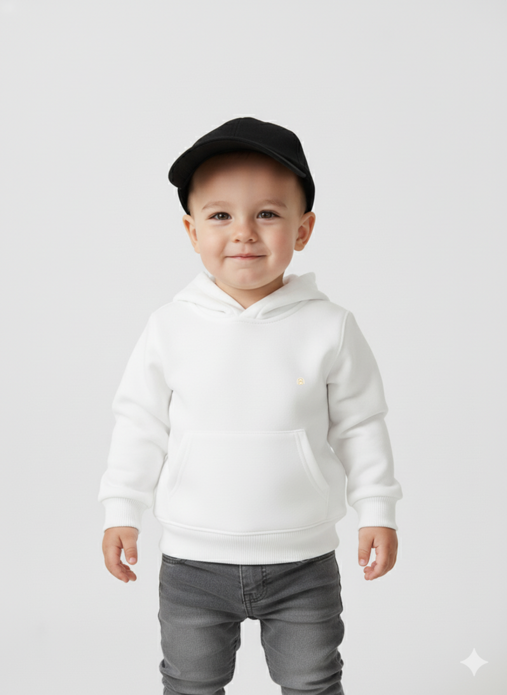 Child wearing a white hoodie and black cap on a plain background