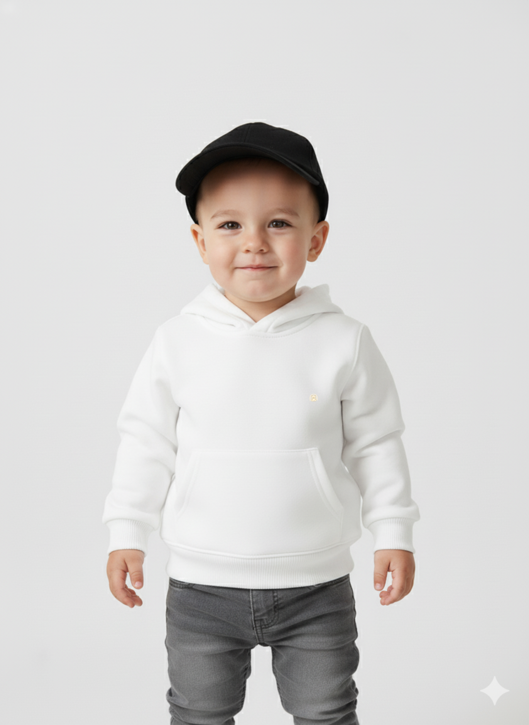 Child wearing a white hoodie and black cap on a plain background
