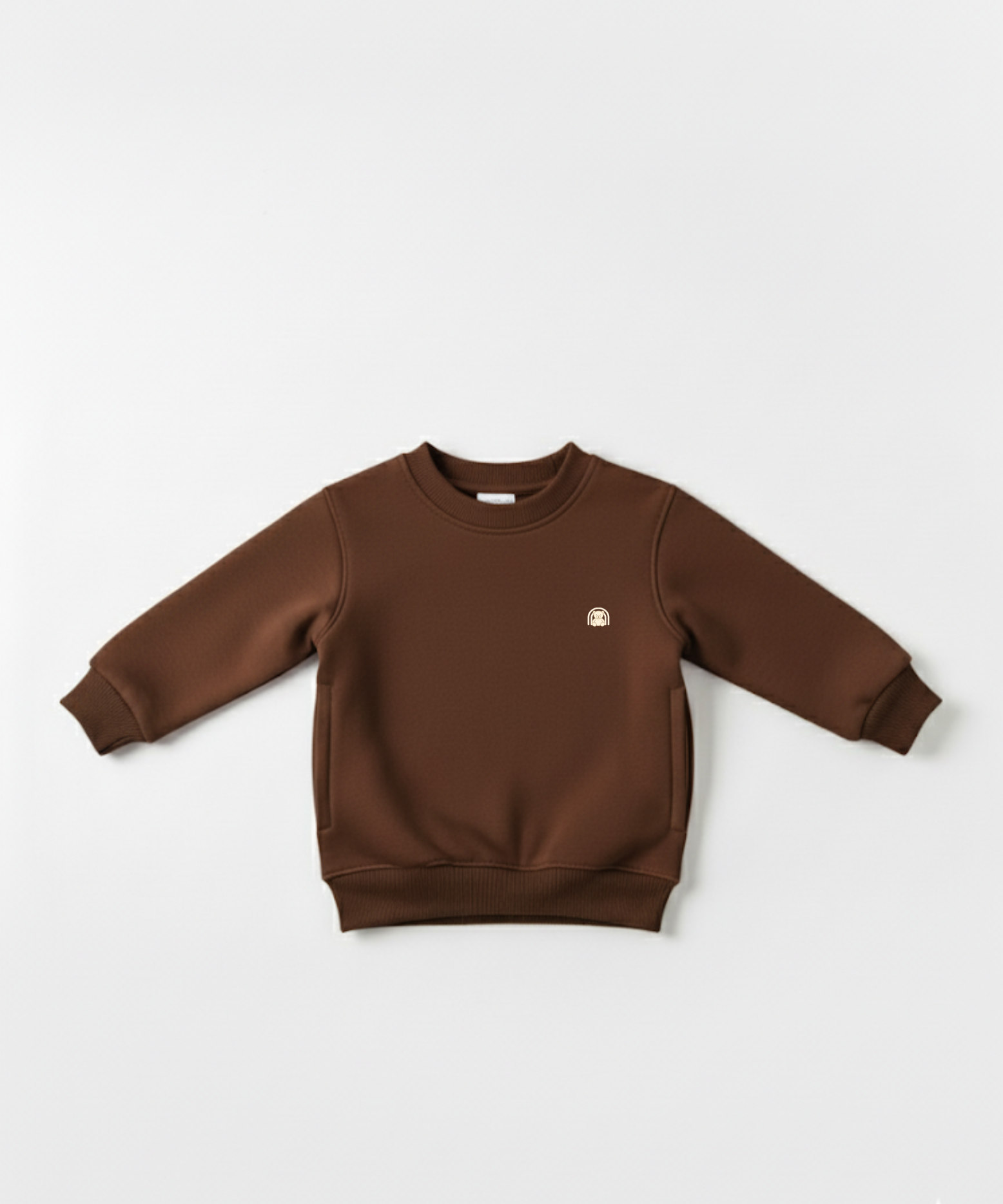 Brown sweatshirt with a small logo on a white background
