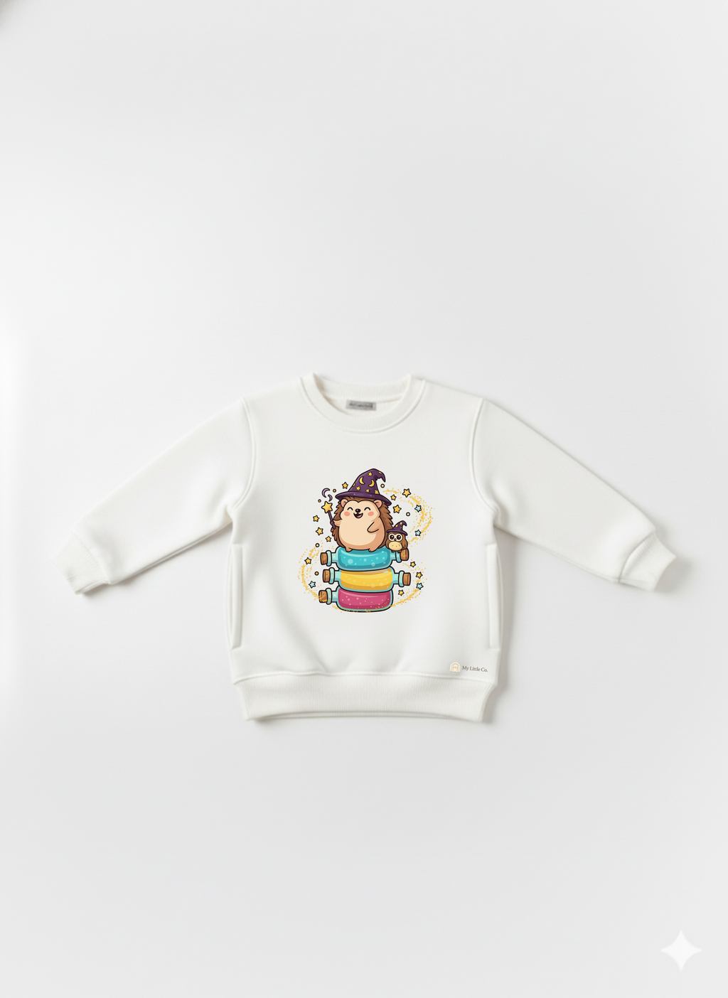 White Baby Crew Neck Sweatshirt with Cute Hedgehog Wizard Print – Magical Cartoon Pullover My Little Co.