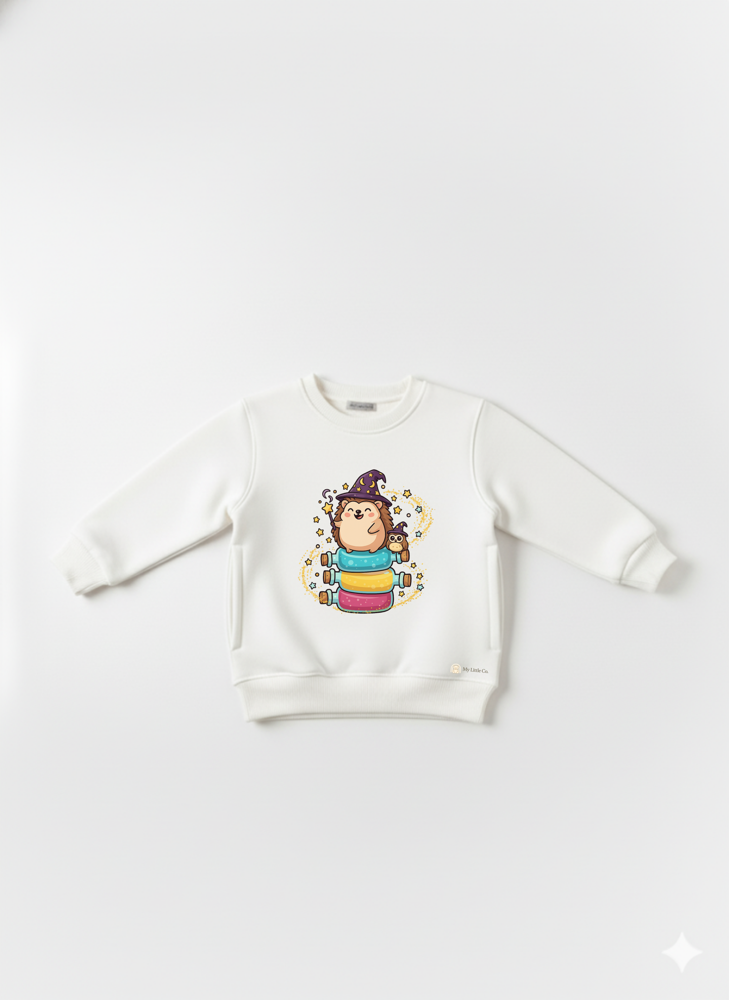 White Baby Crew Neck Sweatshirt with Cute Hedgehog Wizard Print – Magical Cartoon Pullover My Little Co.