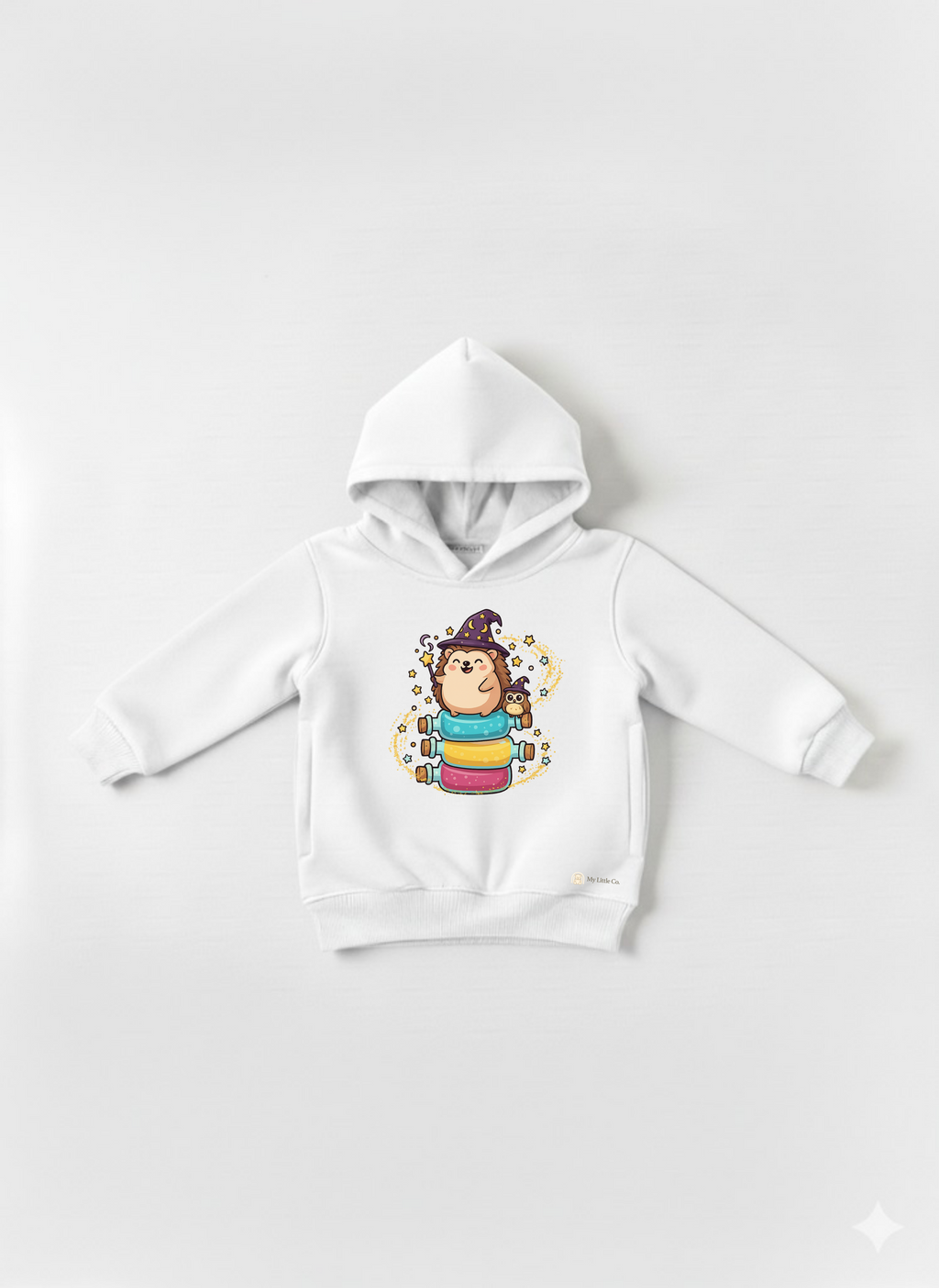 White Baby Hoodie with Cute Hedgehog Wizard Print – Magical Cartoon sweatshirt My Little Co.