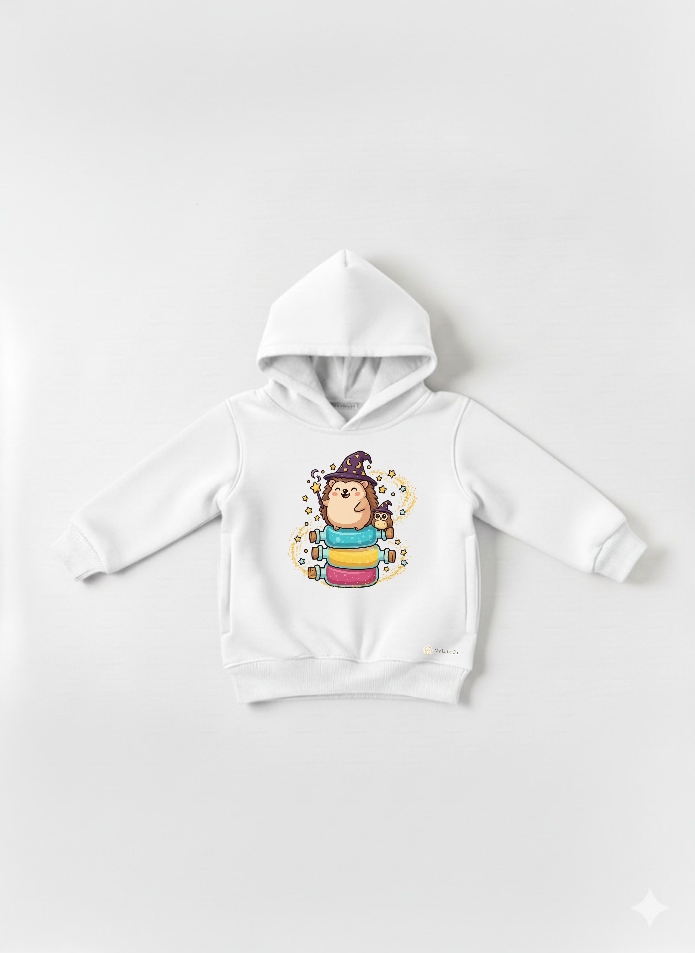 White Baby Hoodie with Cute Hedgehog Wizard Print – Magical Cartoon sweatshirt My Little Co.