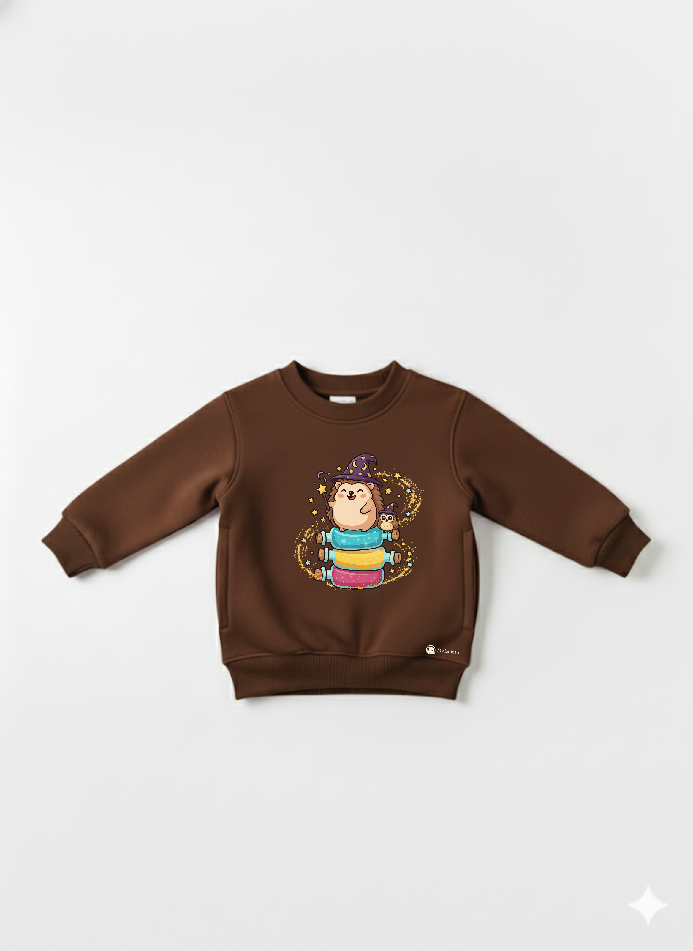 Brown Baby Crew Neck Sweatshirt with Cute Hedgehog Wizard Print – Magical Cartoon Pullover My Little Co.
