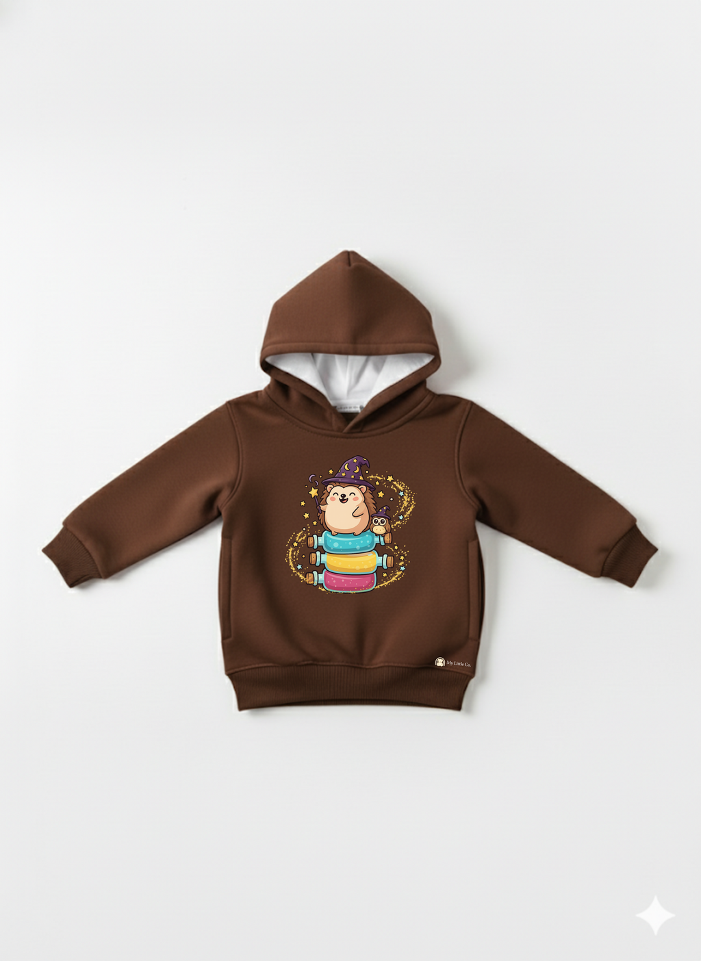Brown Baby Hoodie with Cute Hedgehog Wizard Print – Magical Cartoon sweatshirt My Little Co.