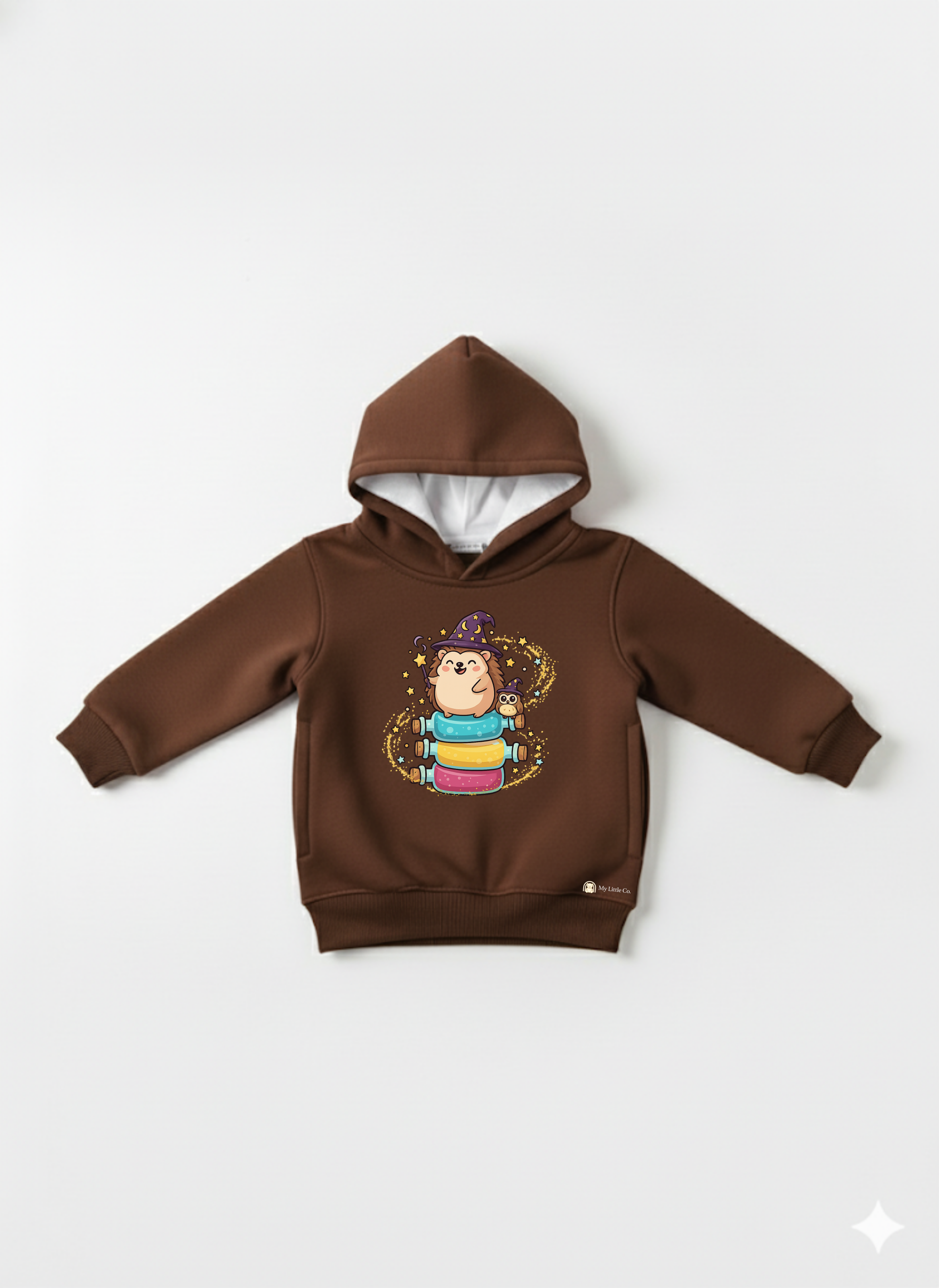 Brown Baby Hoodie with Cute Hedgehog Wizard Print – Magical Cartoon sweatshirt My Little Co.