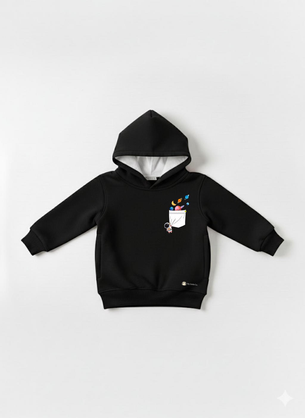 My Little Co. Black Kids Sweatshirt Hoodie Side Pocket | Space Adventure Graphic Winter Wear My Little Co.