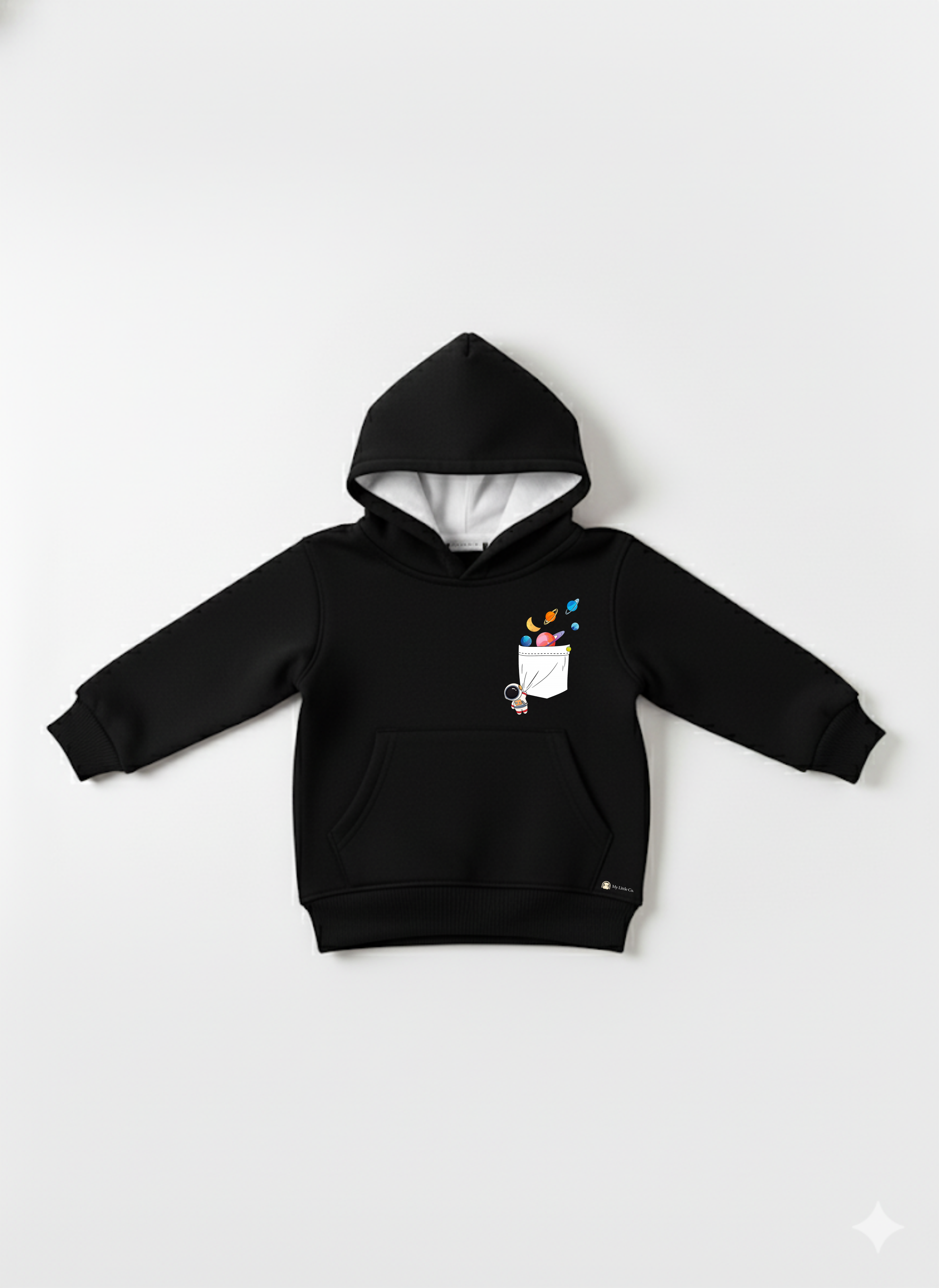 My Little Co. Black Kids Sweatshirt Hoodie Front Pocket | Space Adventure Graphic Winter Wear My Little Co.