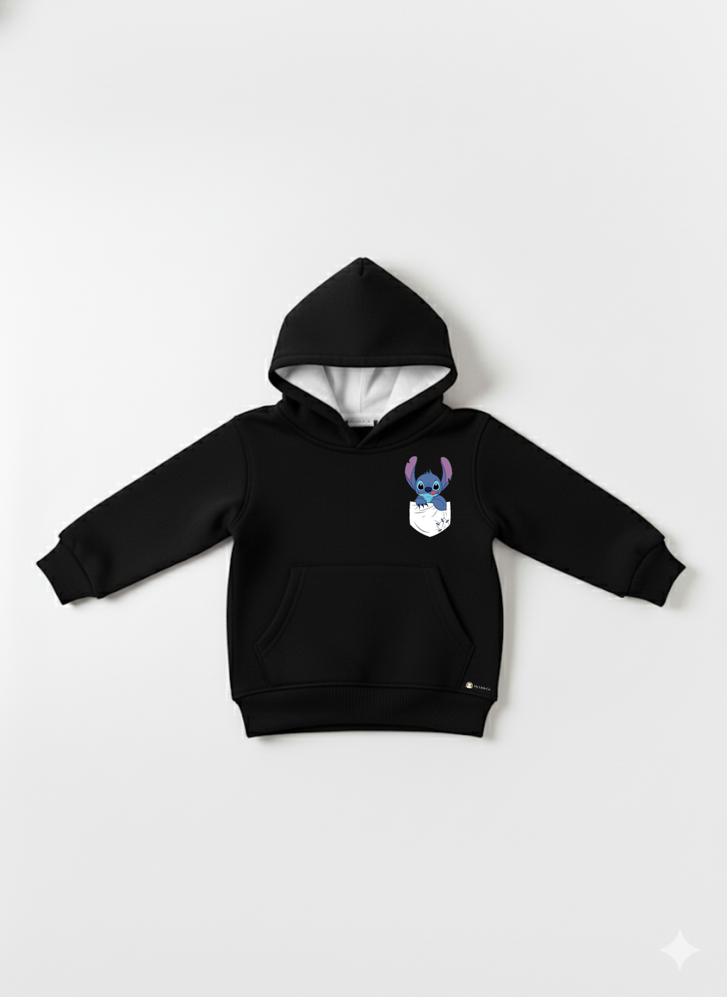 Black Baby Front Pocket Hoodie with Stitch Print – Cute Cartoon Sweatshirt My Little Co.