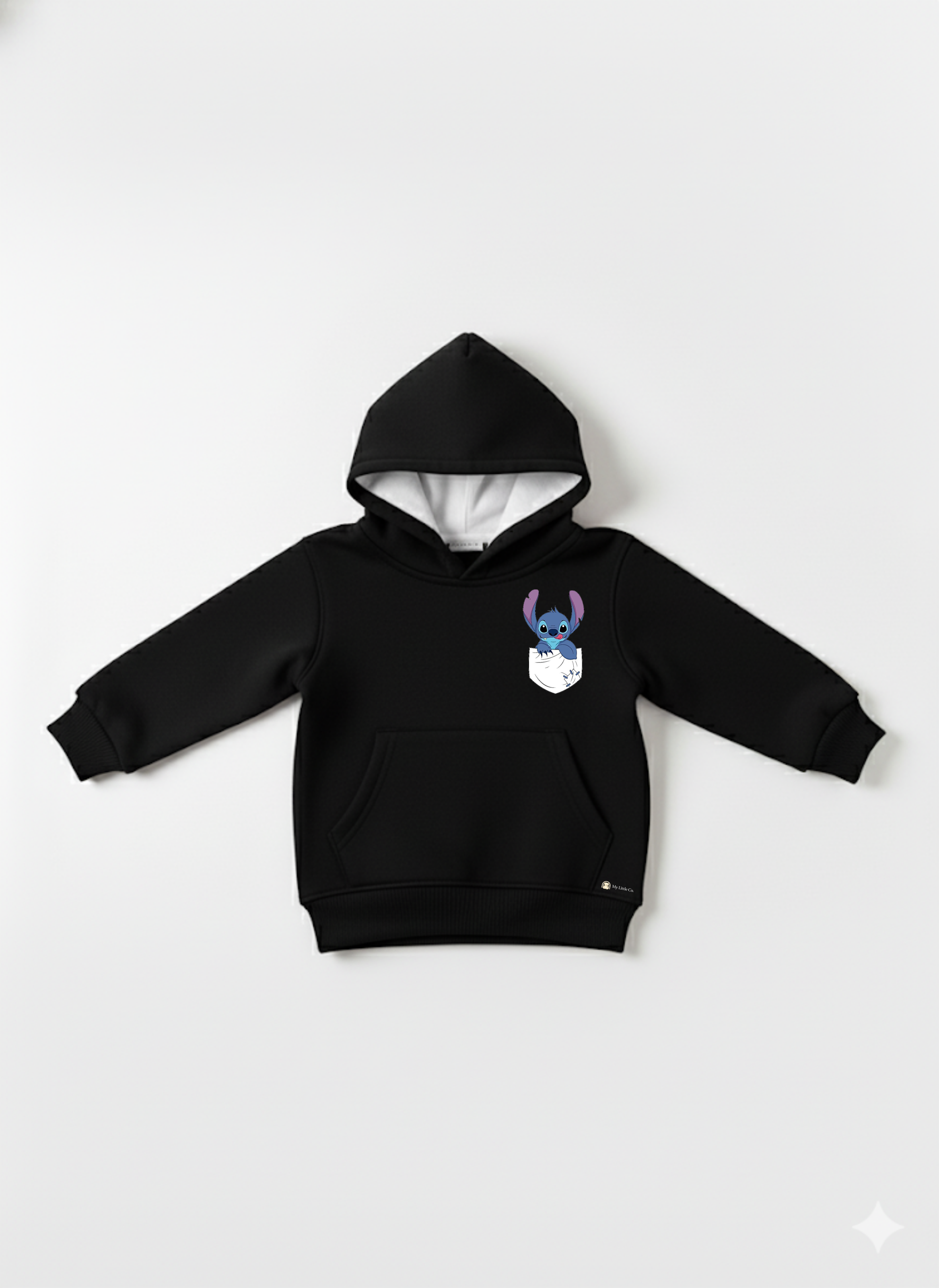 Black Baby Front Pocket Hoodie with Stitch Print – Cute Cartoon Sweatshirt My Little Co.