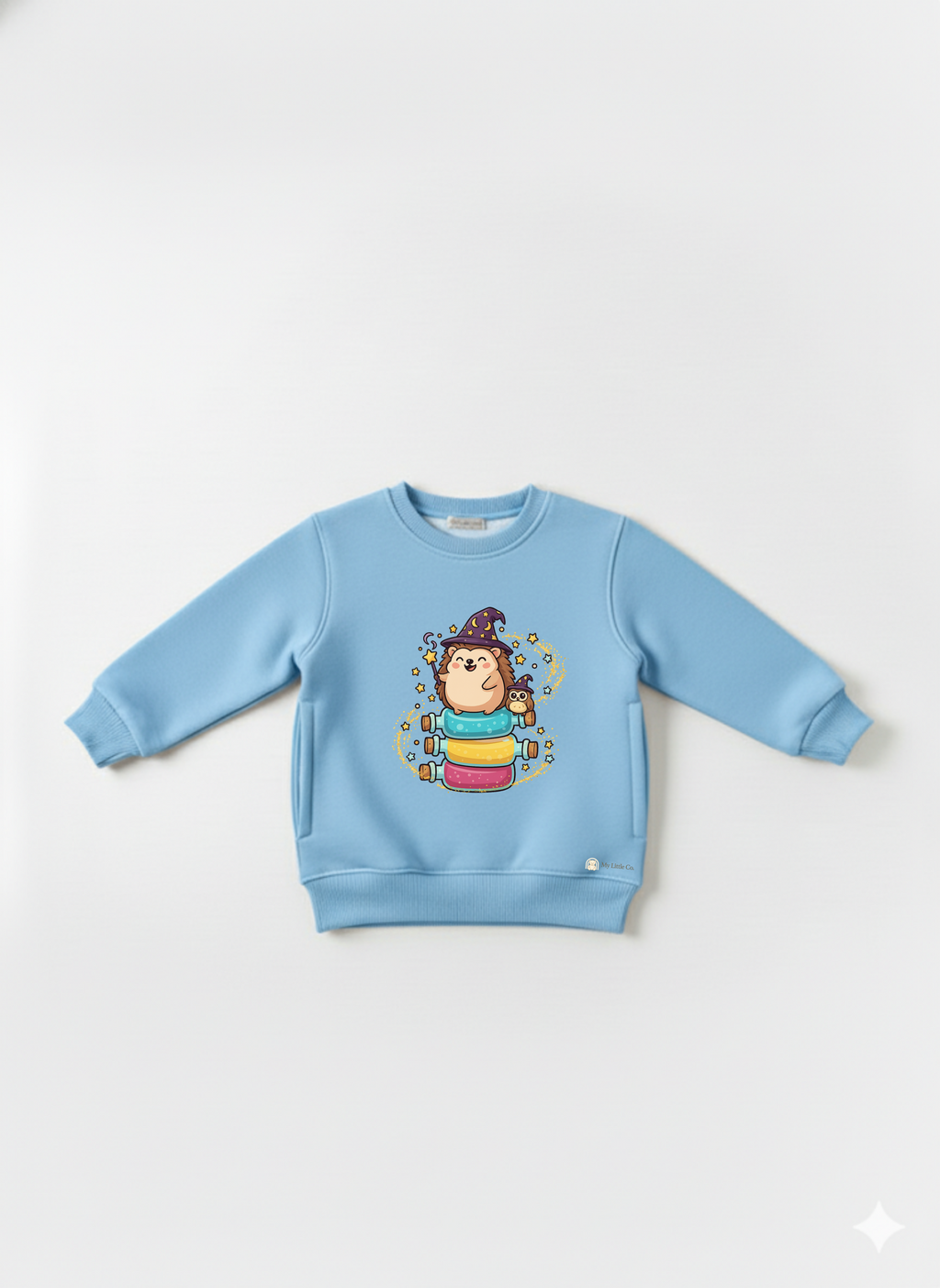 Sky Blue Baby Crew Neck Sweatshirt with Cute Hedgehog Wizard Print – Magical Cartoon Pullover My Little Co.