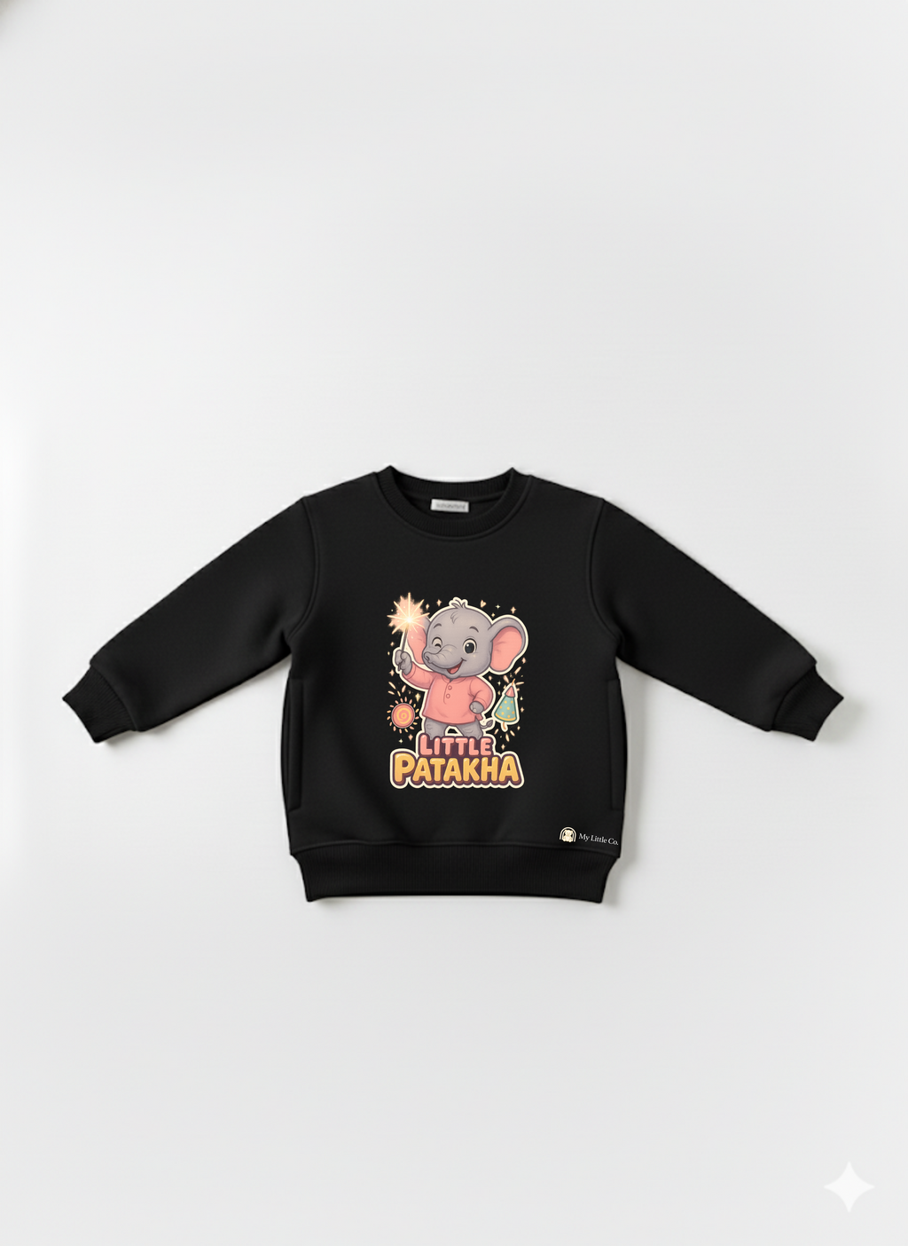 Black Little Patakha sweatshirt front view — DTF sticker design applied on order, non-toxic inks