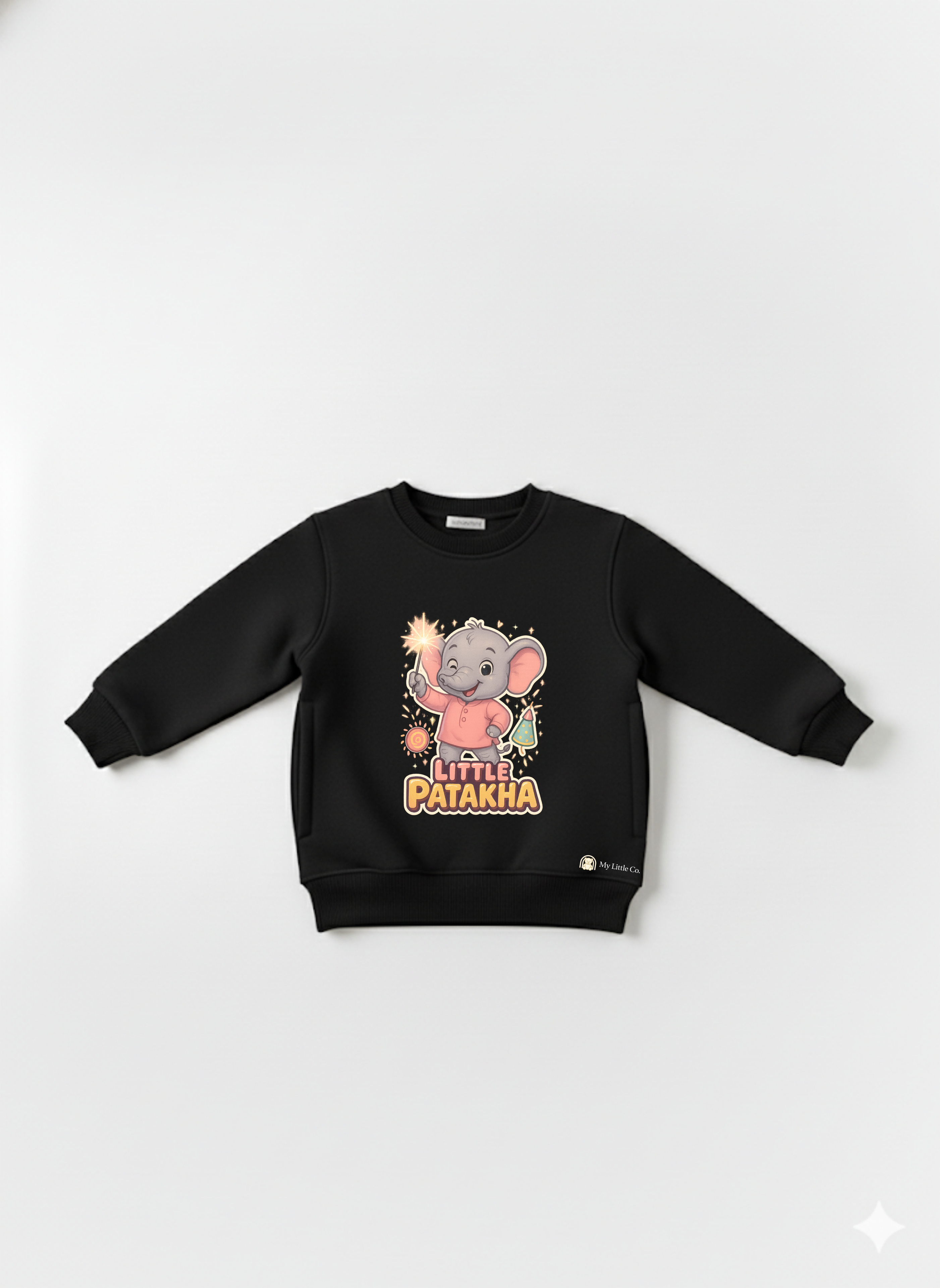 Black Little Patakha sweatshirt front view — DTF sticker design applied on order, non-toxic inks