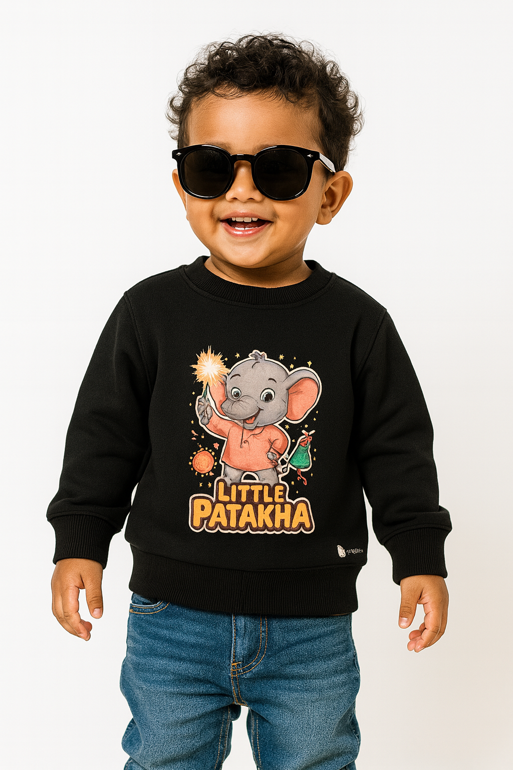 My Little Co. black "Little Patakha" kids sweatshirt worn by child — soft bio-washed cotton, sizes 16–26