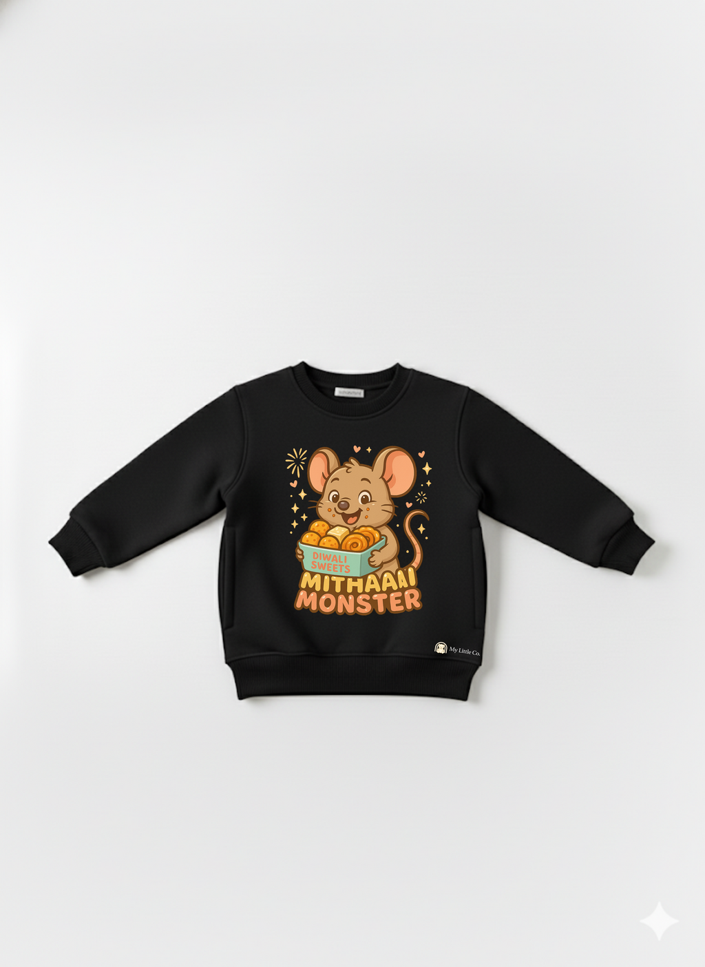 Front view of black Mithaai Monster sweatshirt — laddoo mouse festive DTF print
