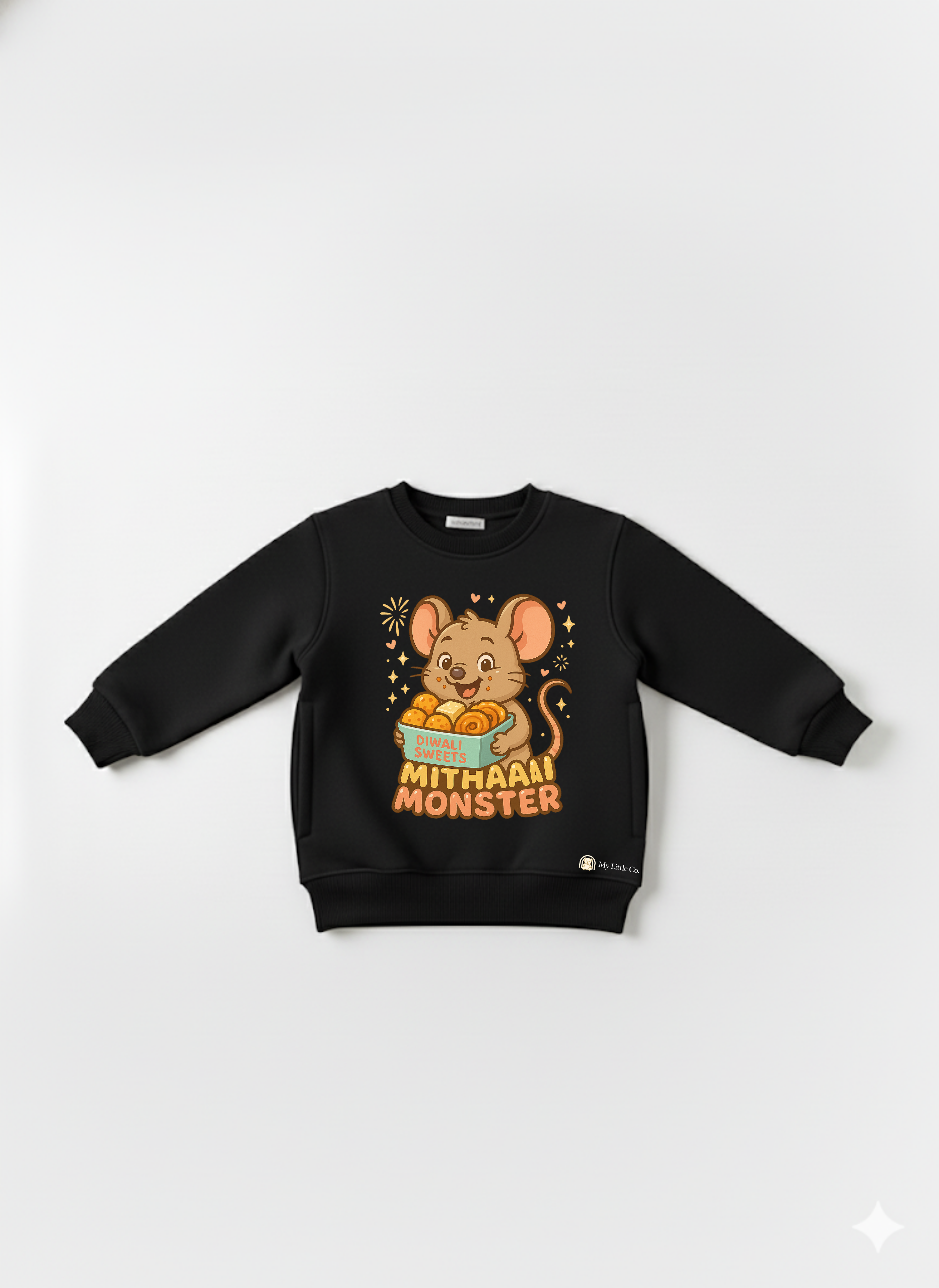 Front view of black Mithaai Monster sweatshirt — laddoo mouse festive DTF print