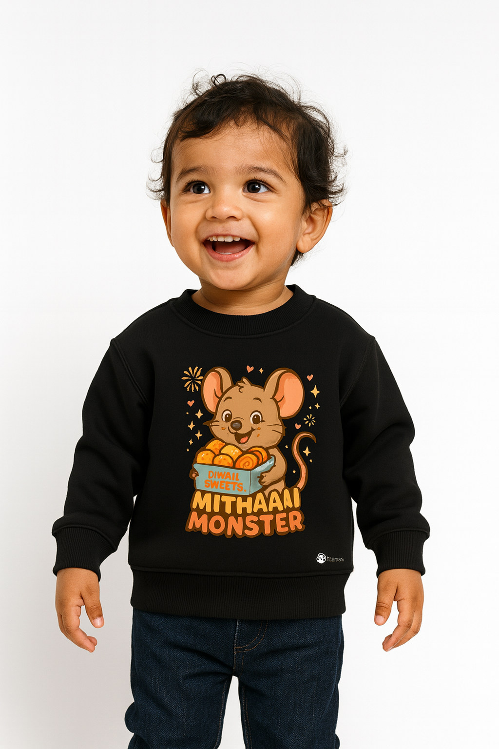 My Little Co. black "Mithaai Monster" kids sweatshirt worn by child — soft bio-washed cotton, sizes 16–26