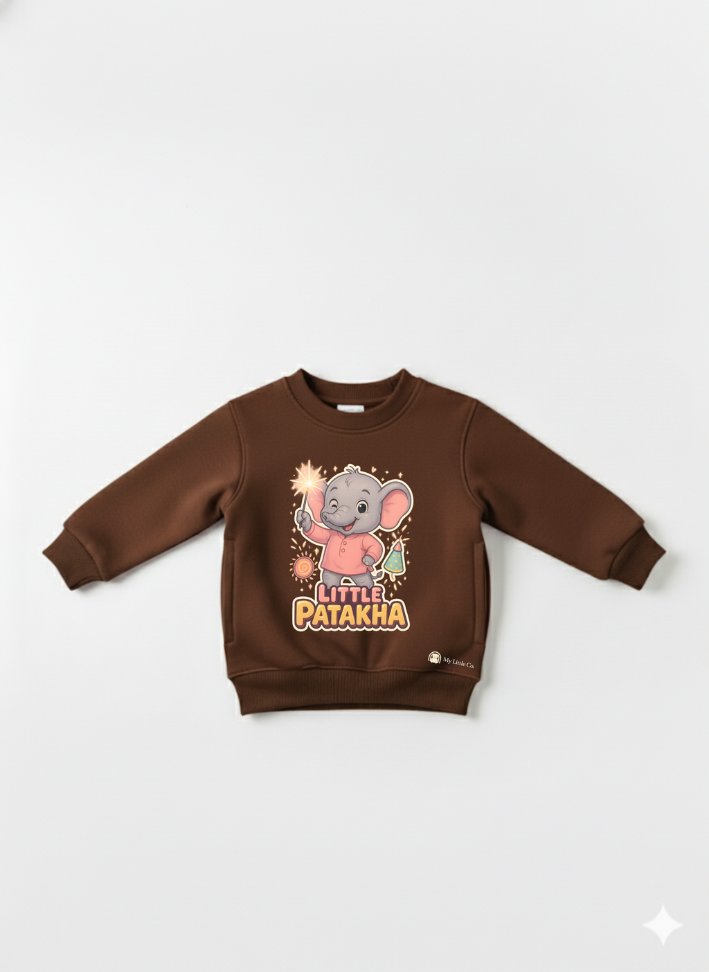 Coffee Little Patakha sweatshirt front view — DTF sticker design applied on order, non-toxic inks