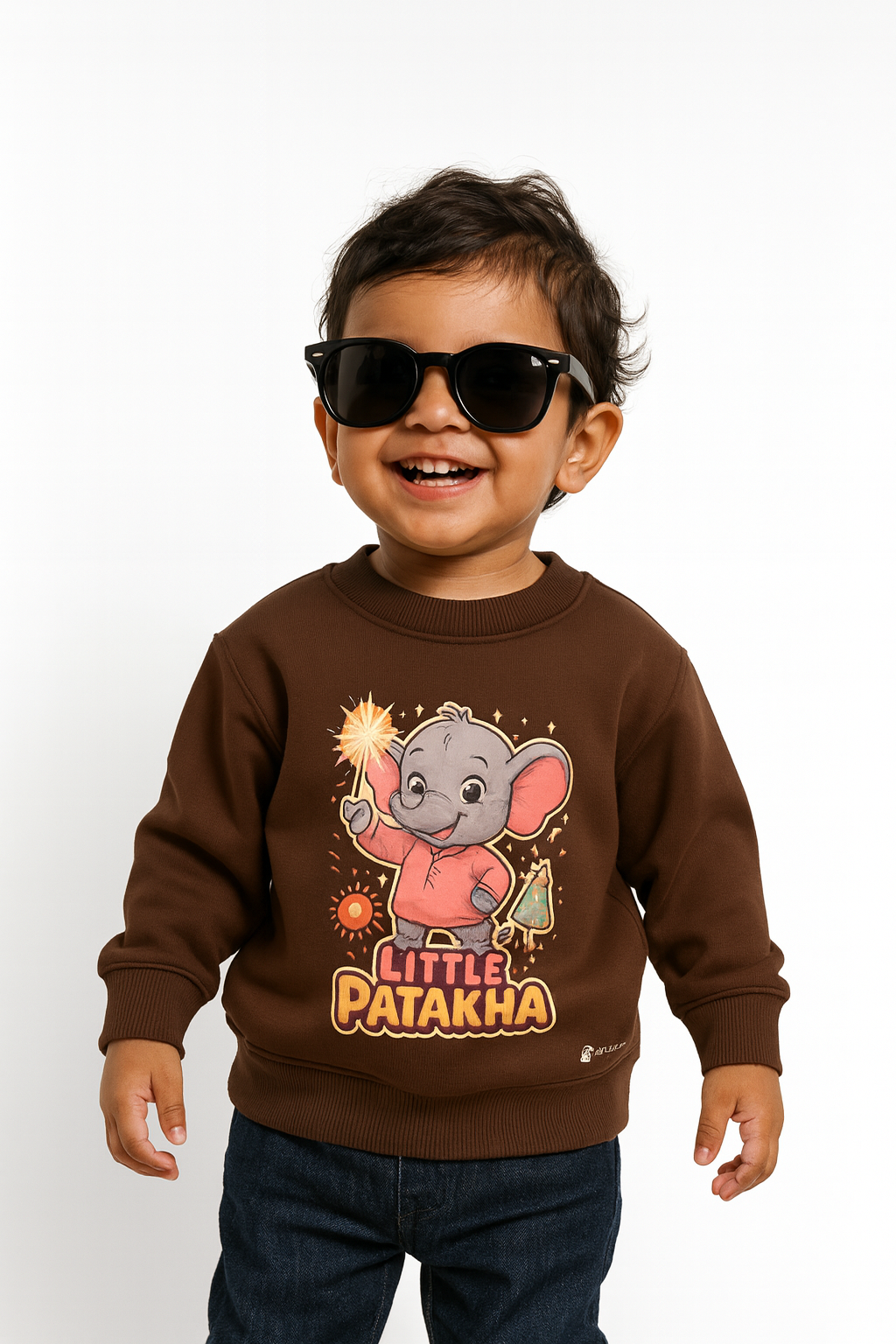 My Little Co. coffee "Little Patakha" kids sweatshirt worn by child — soft bio-washed cotton, sizes 16–26