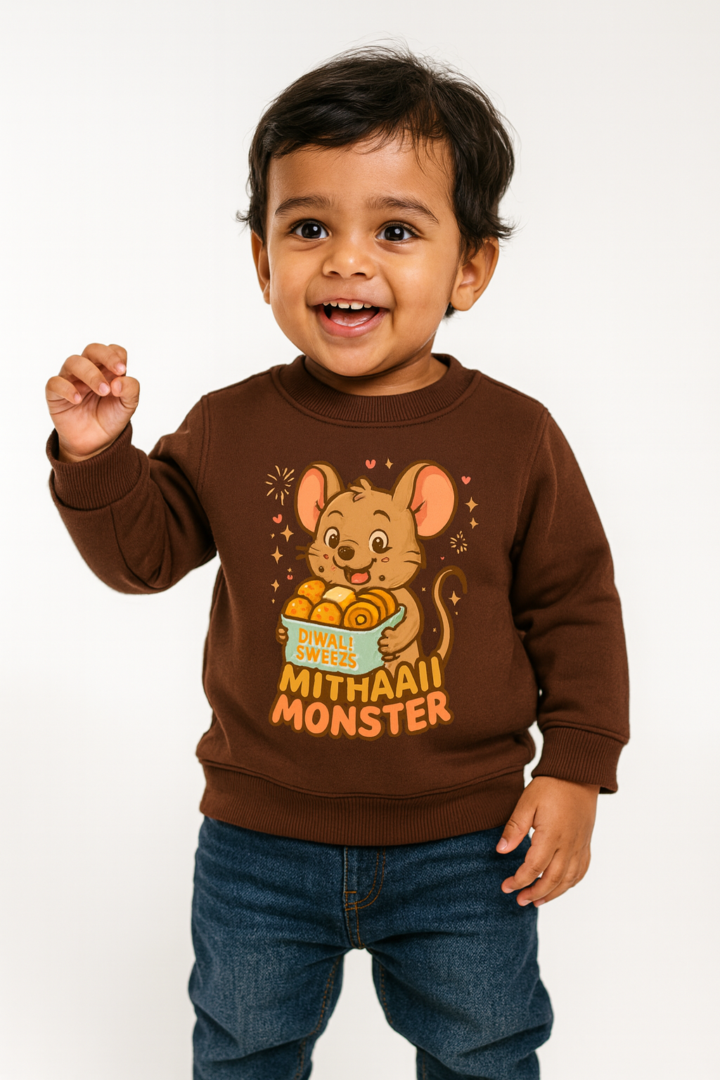 Front view of coffee Mithaai Monster sweatshirt — laddoo mouse festive DTF print