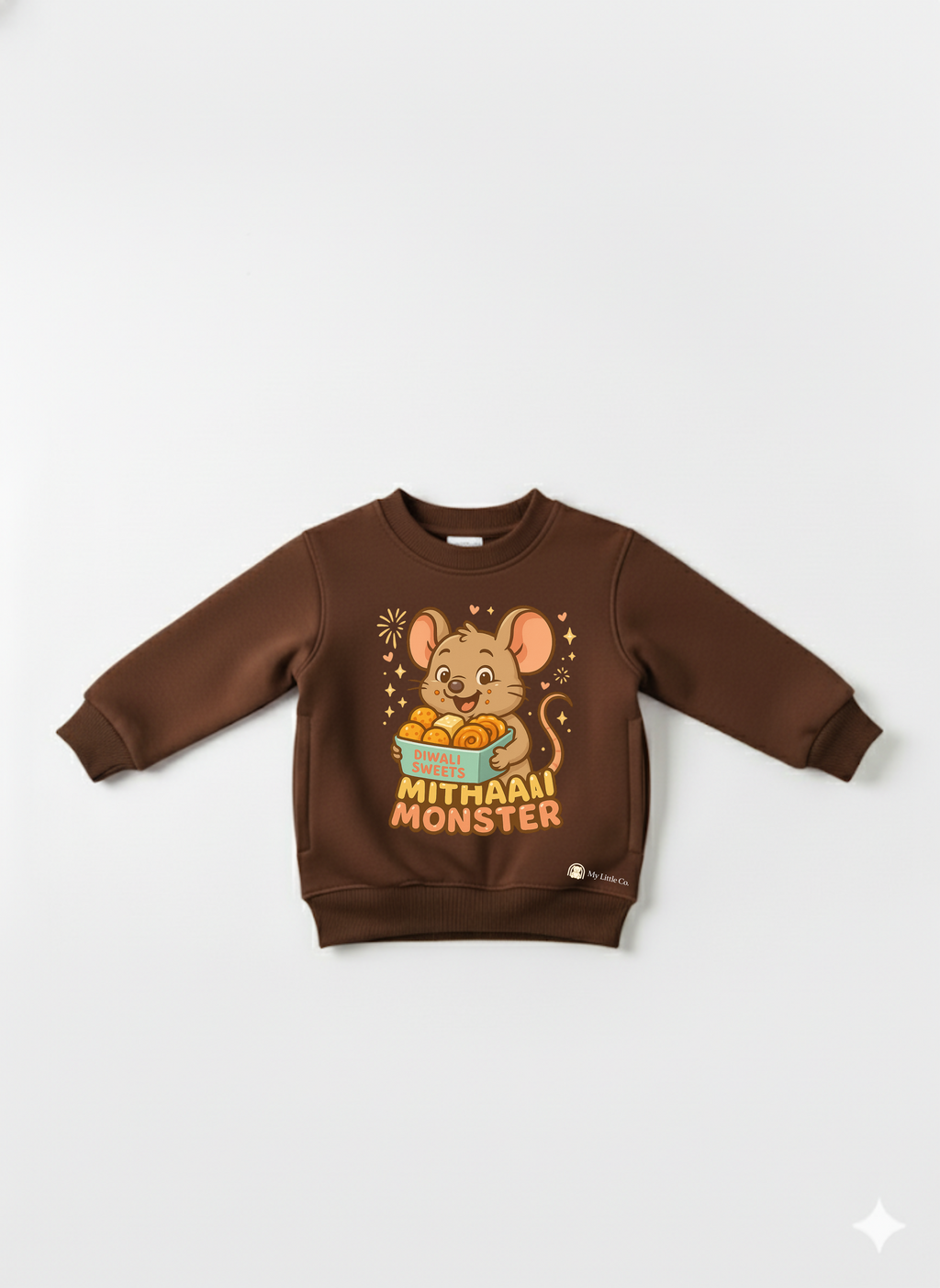 My Little Co. coffee "Mithaai Monster" kids sweatshirt worn by child — cozy bio-washed cotton fleece, sizes 16–26