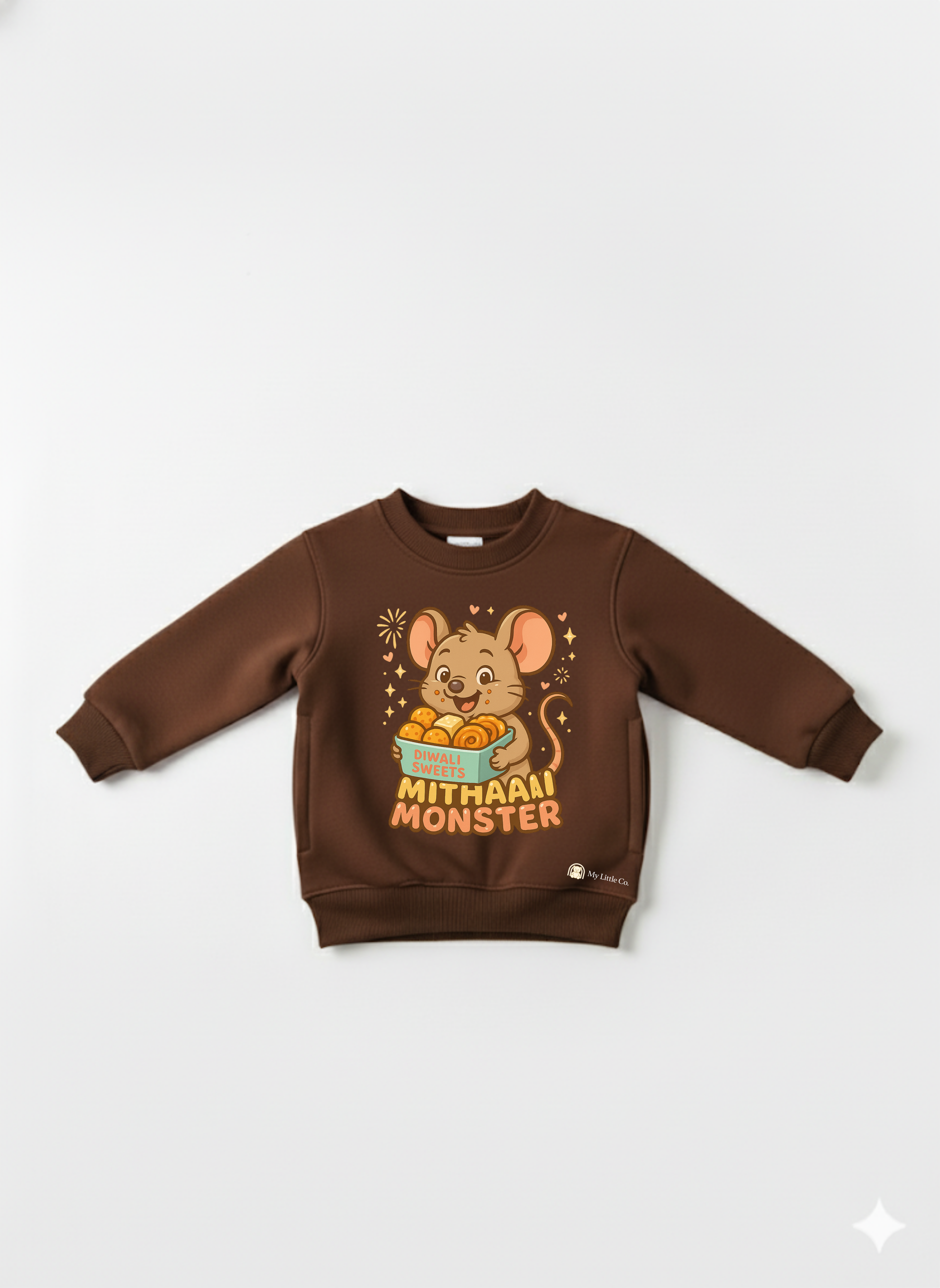 My Little Co. coffee "Mithaai Monster" kids sweatshirt worn by child — cozy bio-washed cotton fleece, sizes 16–26