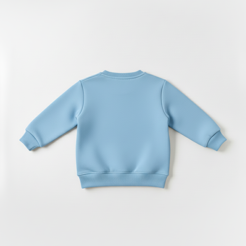 Back view of sky blue kids sweatshirt — ribbed cuffs and hem for snug fit